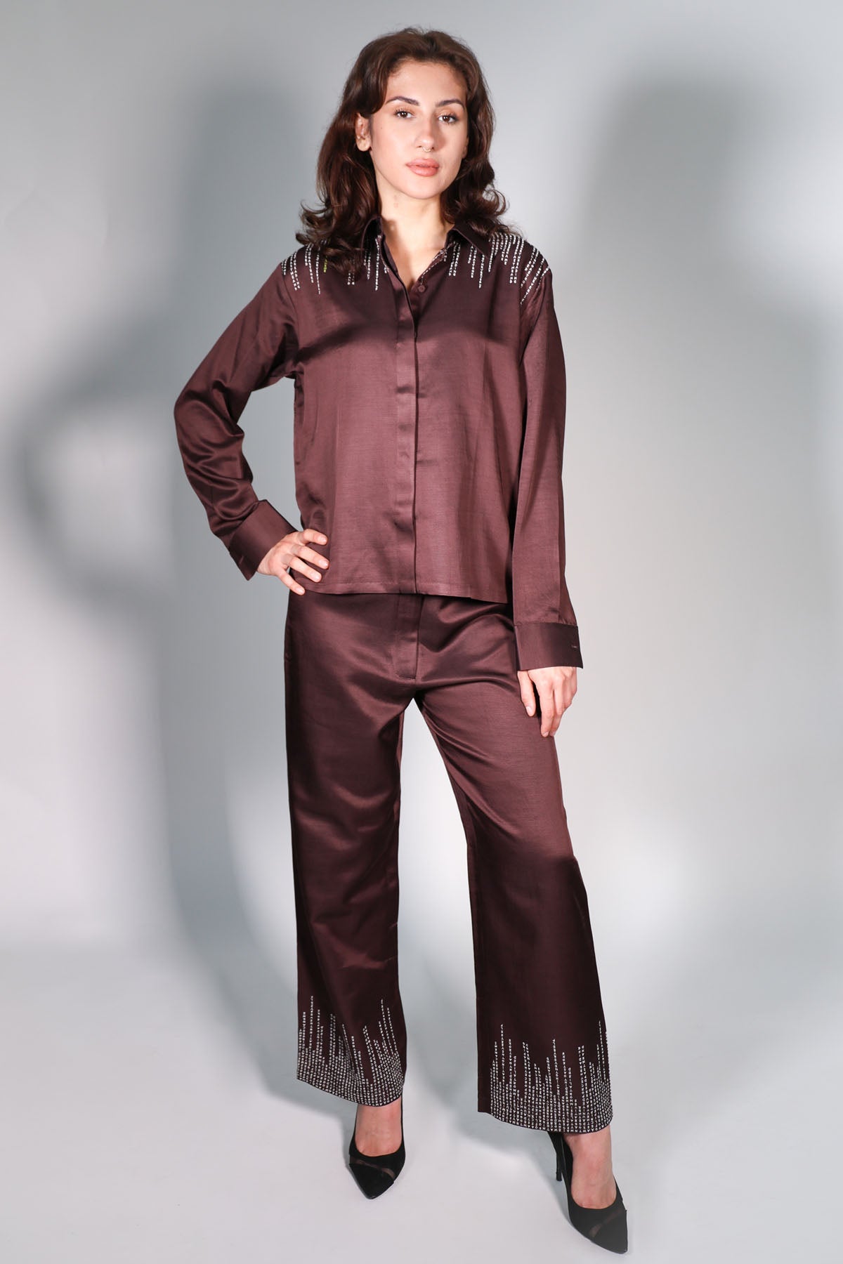 Arya Giri Brown Embroidered Shirt & Pants for women online at ScrollnShops