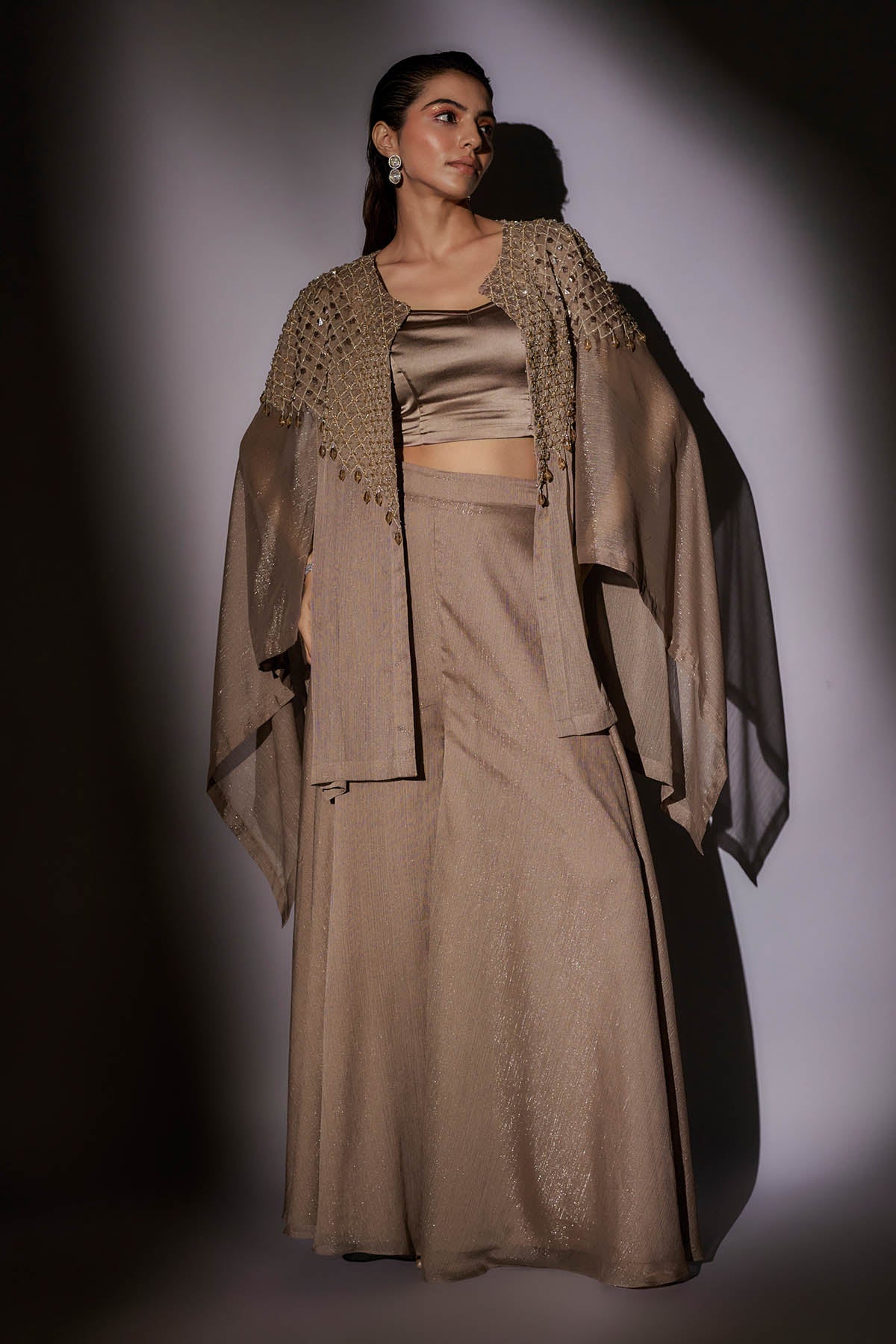 Brown Embroidered Short Cape Set