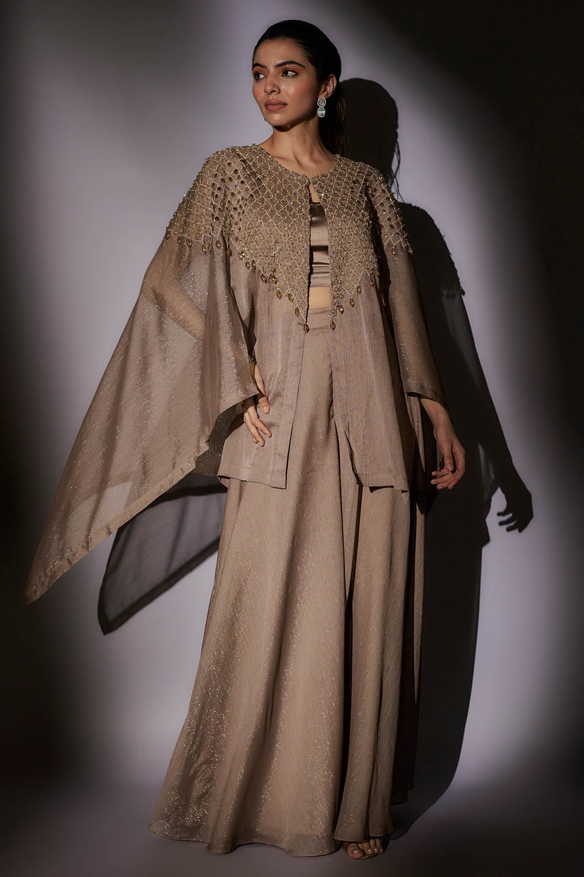 Brown Embroidered Short Cape Set