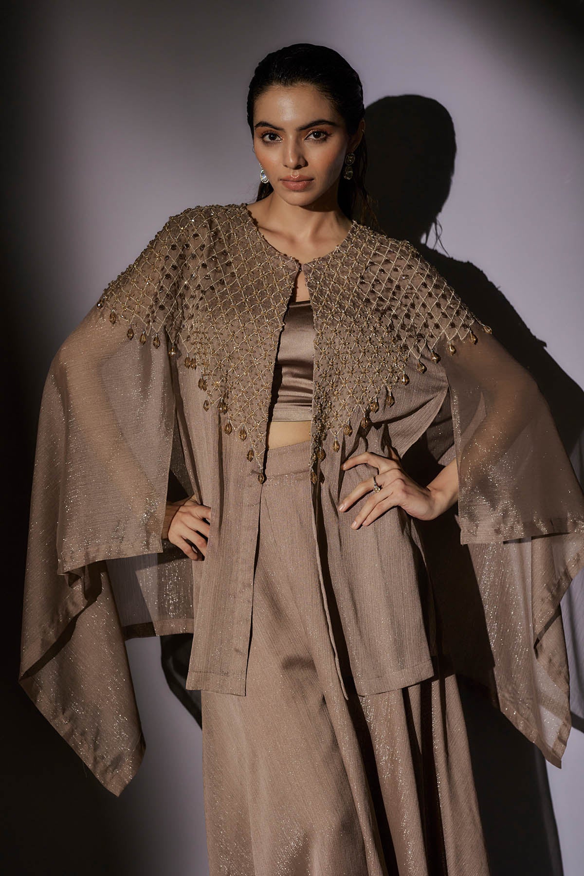 Brown Embroidered Short Cape Set