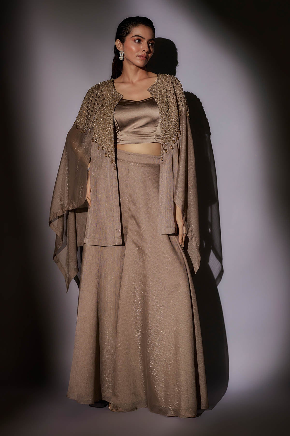 Buy Brown Embroidered Short Cape Set by Ajiesh Oberoi for women online at ScrollnShops