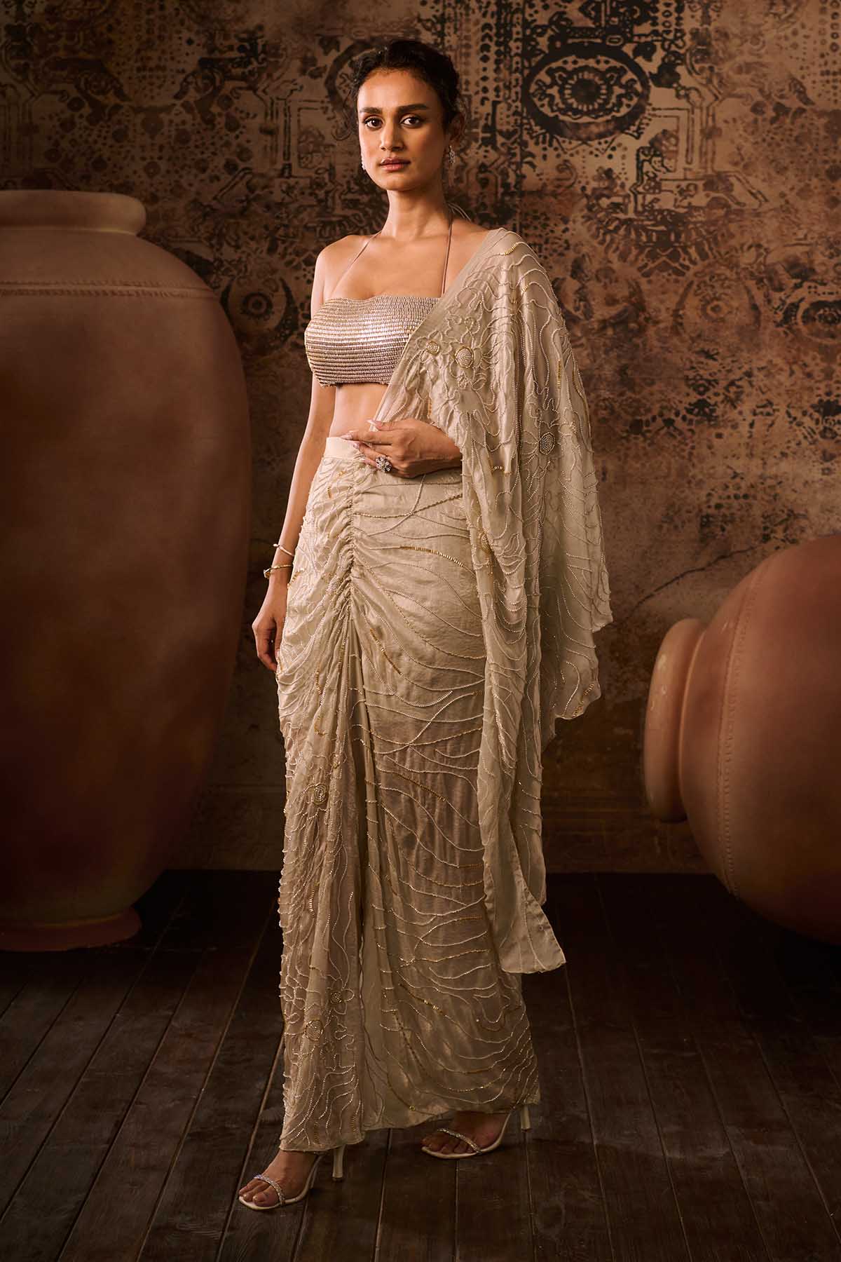 Brown Embroidered Top & Skirt