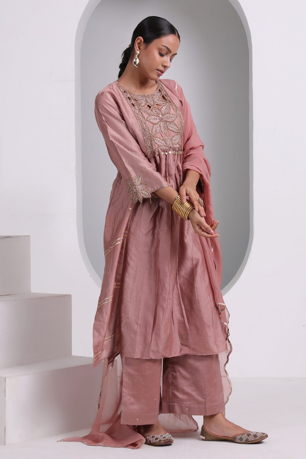 Brown Embroidered Yoke Kurta Set