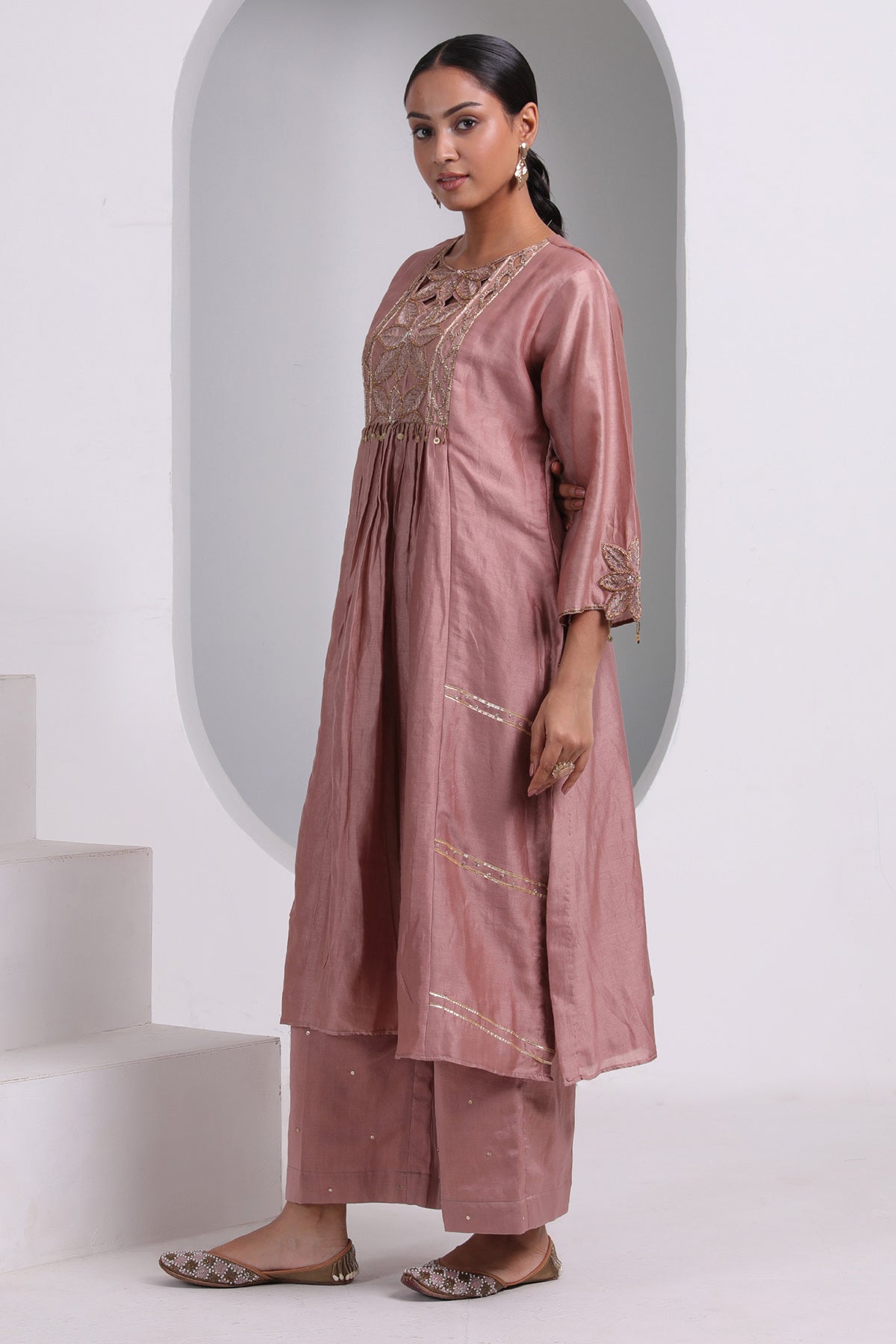 Brown Embroidered Yoke Kurta Set