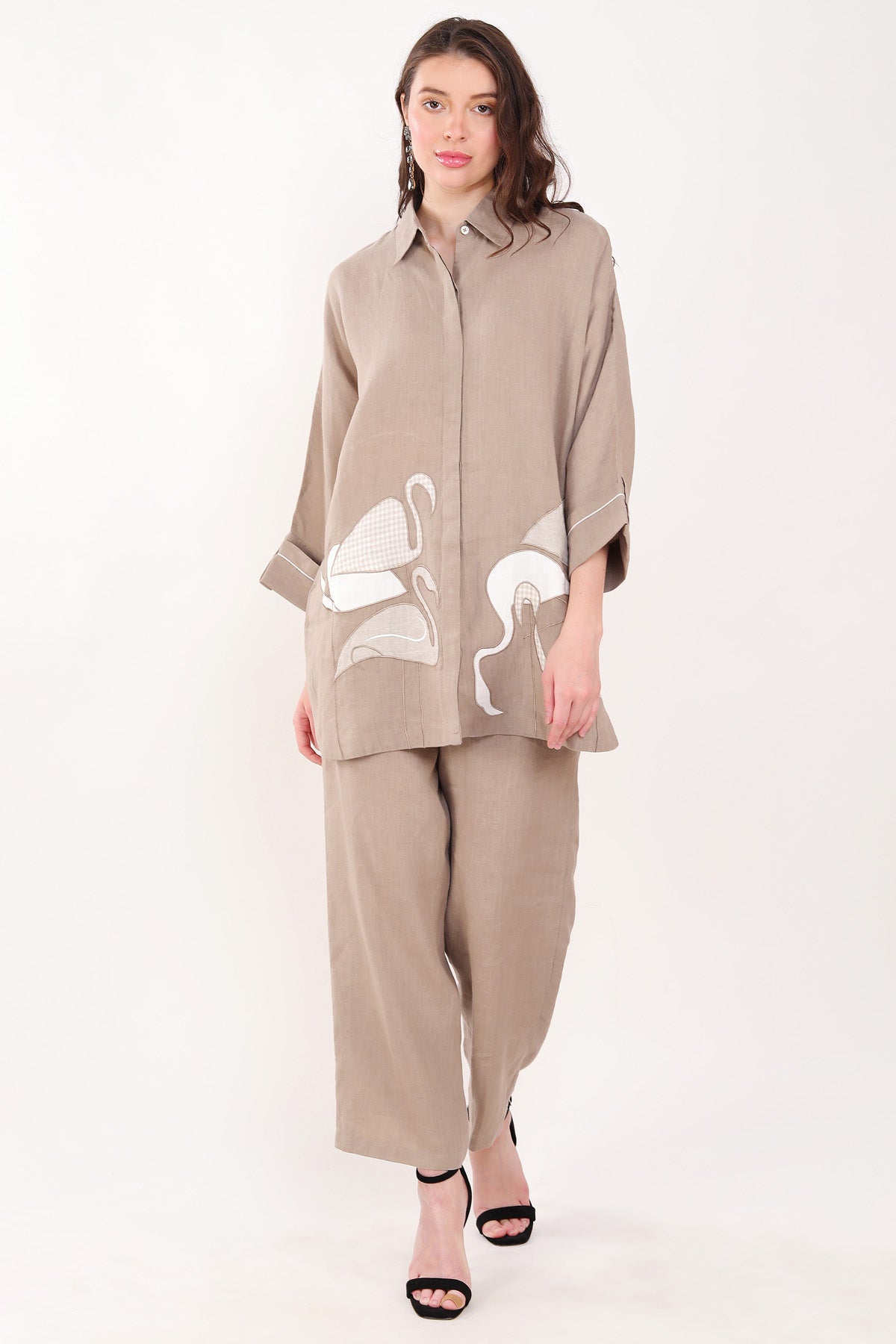 Linen Bloom Brown Flamingo Embroidered Shirt for women online at ScrollnShops