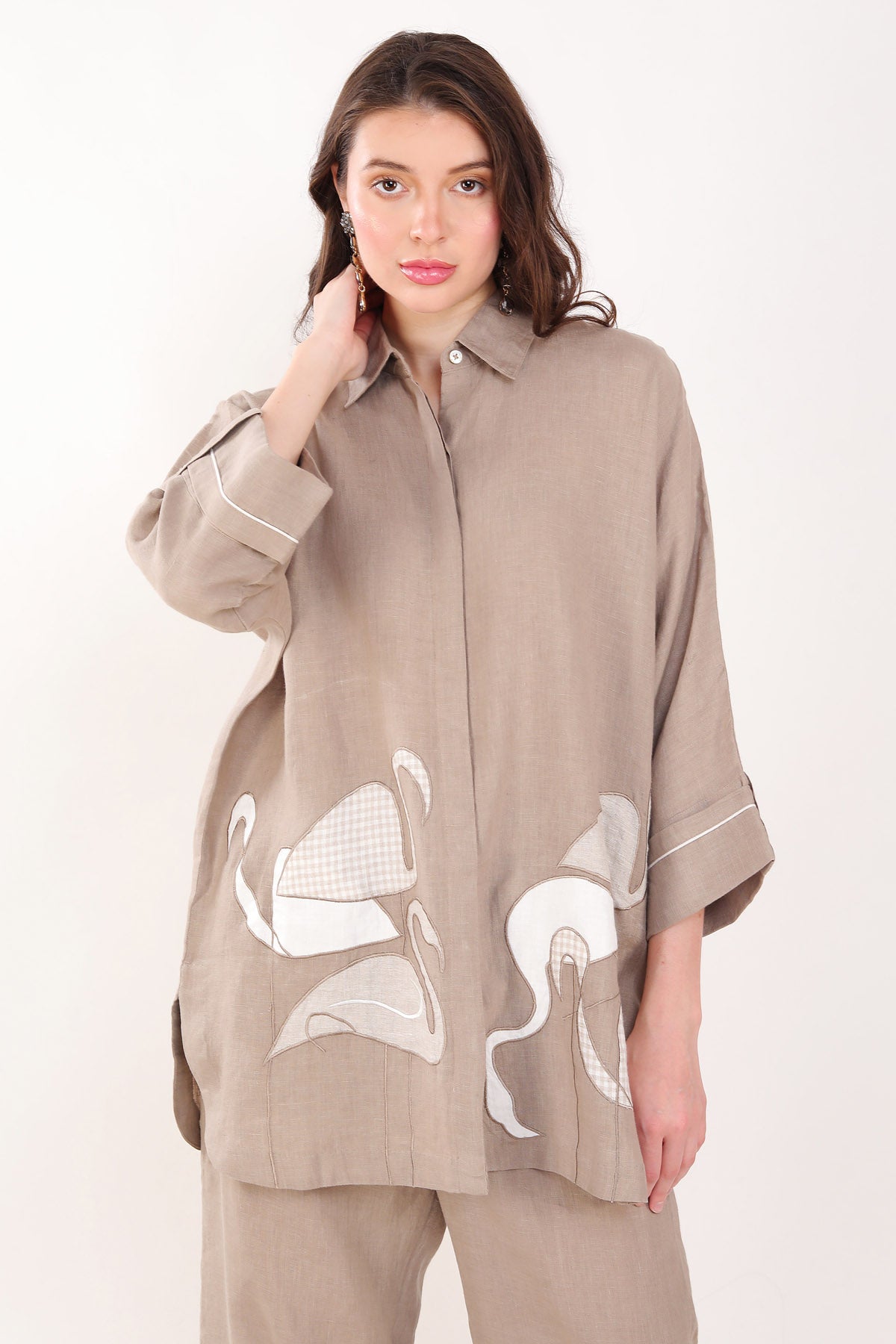 Brown Flamingo Embroidered Shirt