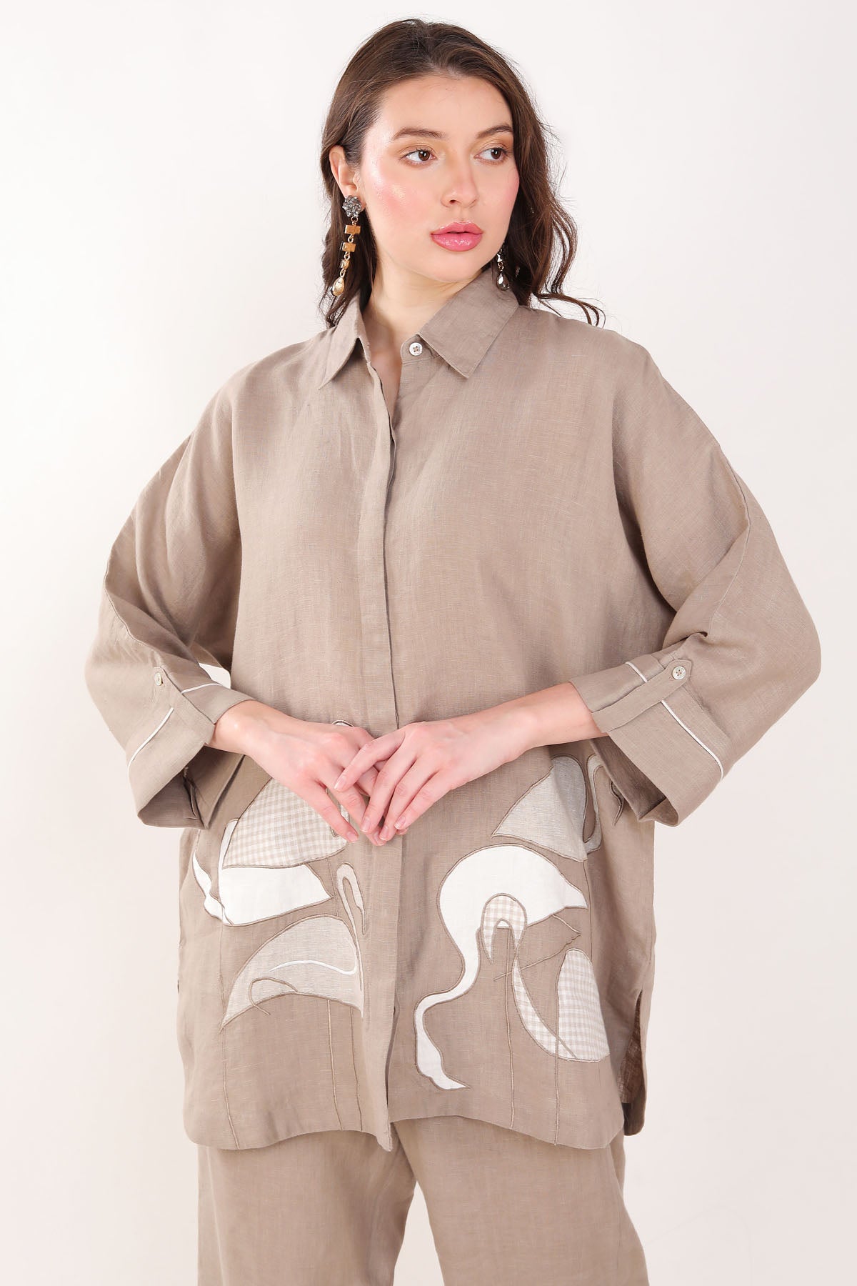 Brown Flamingo Embroidered Shirt