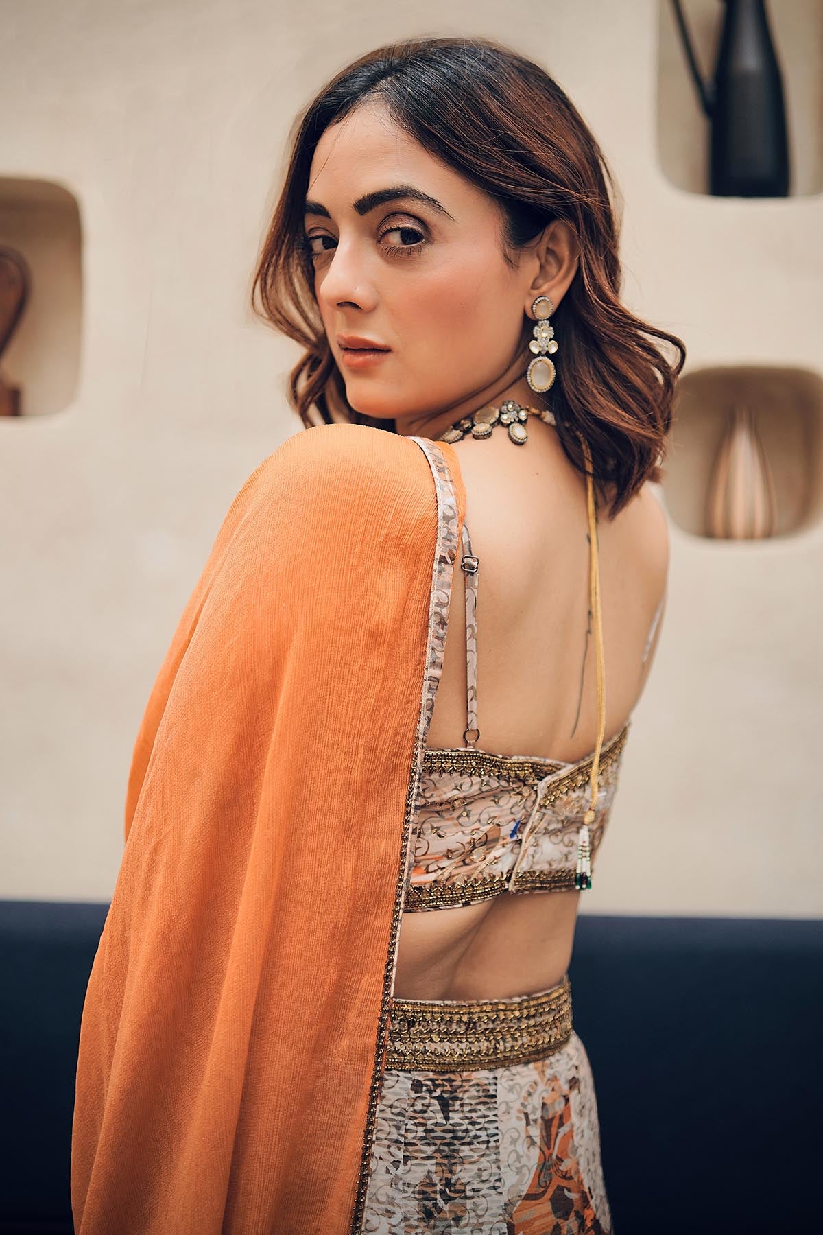 Brown Floral Print Lehenga Set