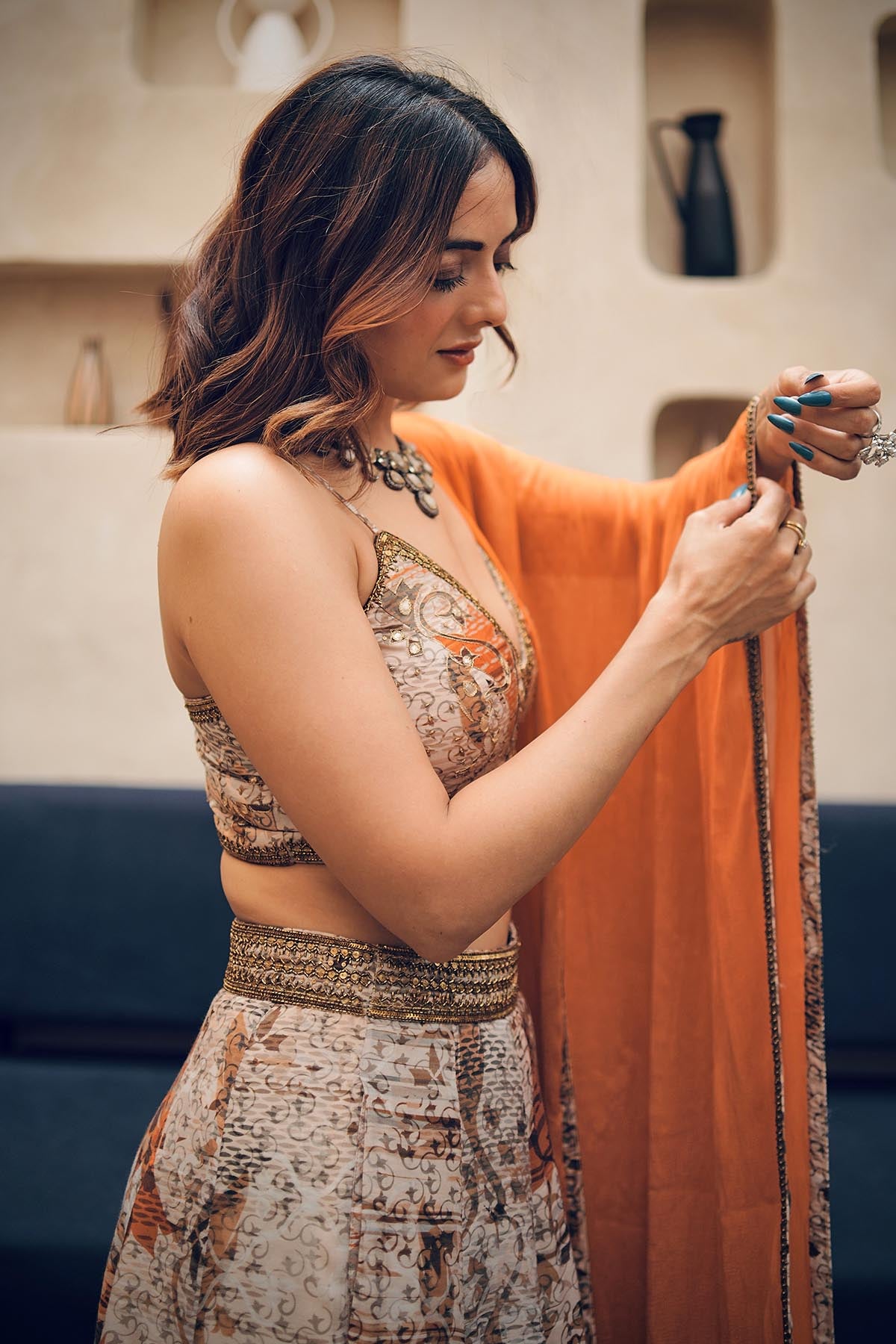 Brown Floral Print Lehenga Set