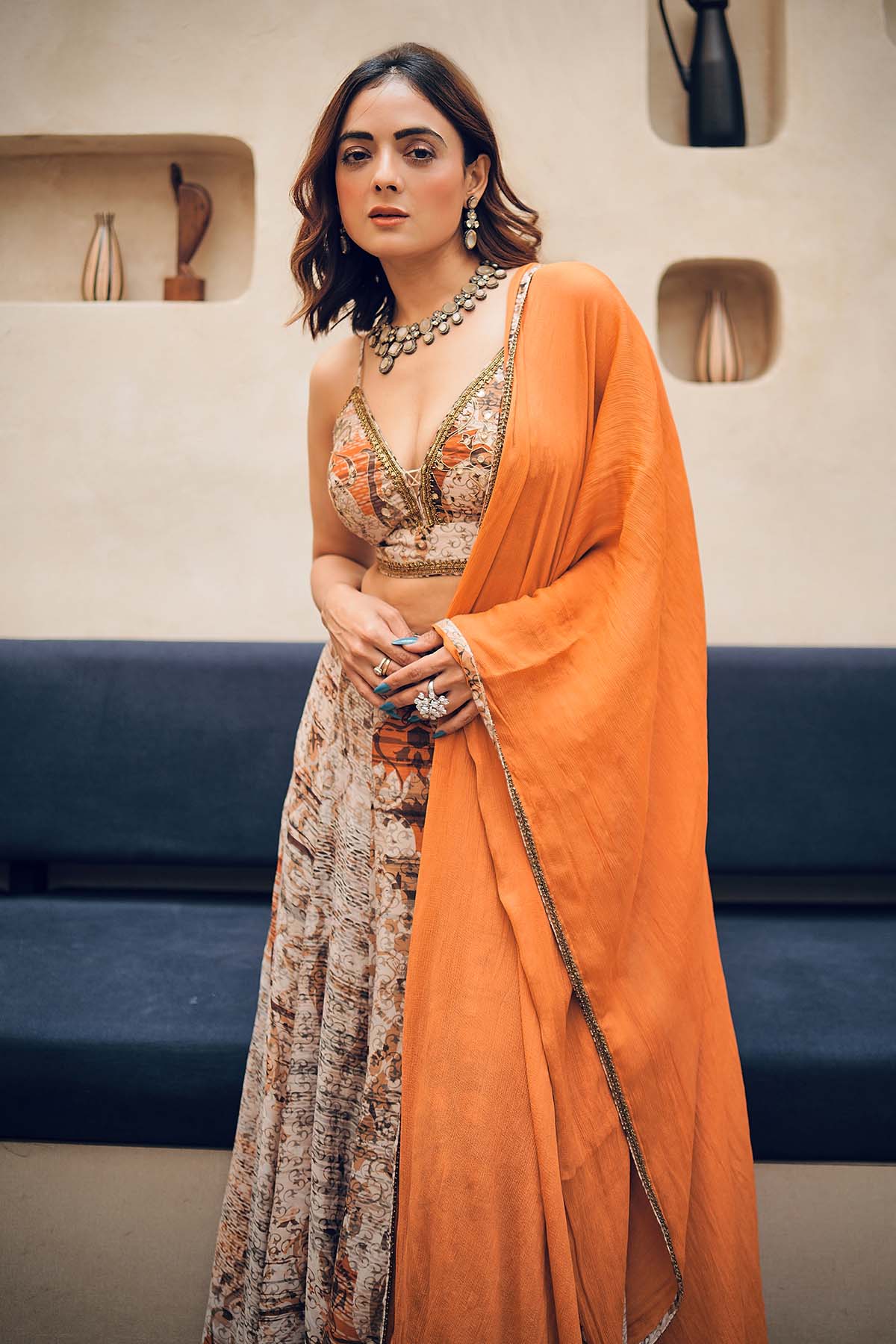 Brown Floral Print Lehenga Set