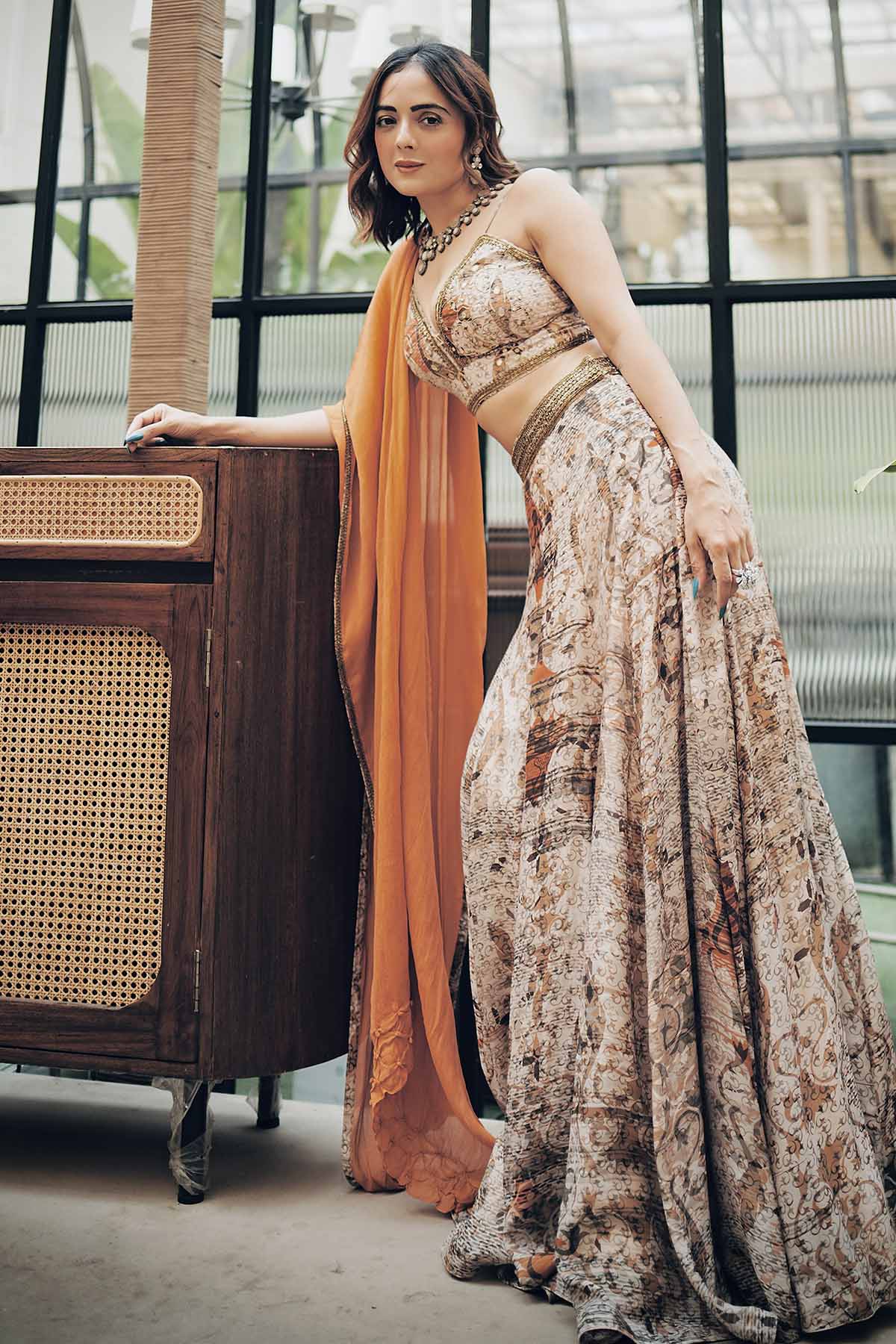 Brown Floral Print Lehenga Set