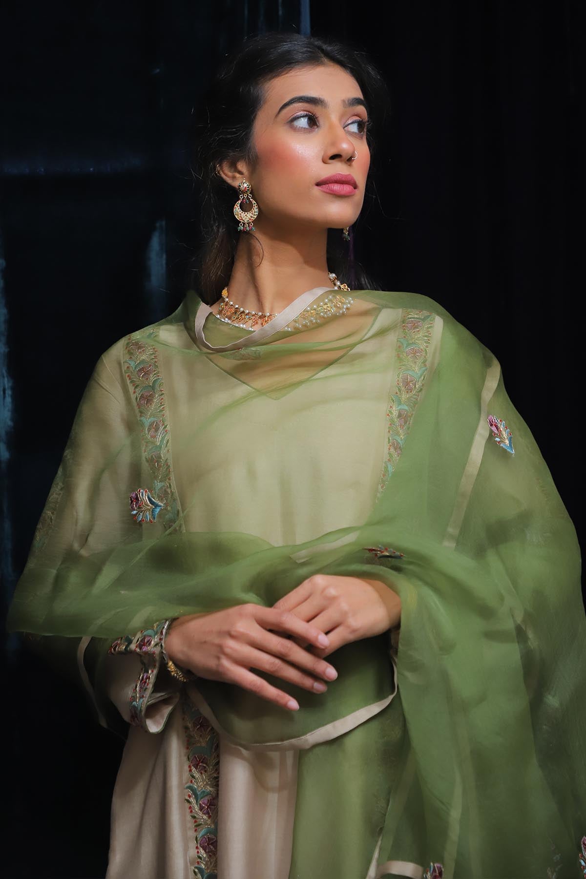 Brown Floral Thread Kurta Set