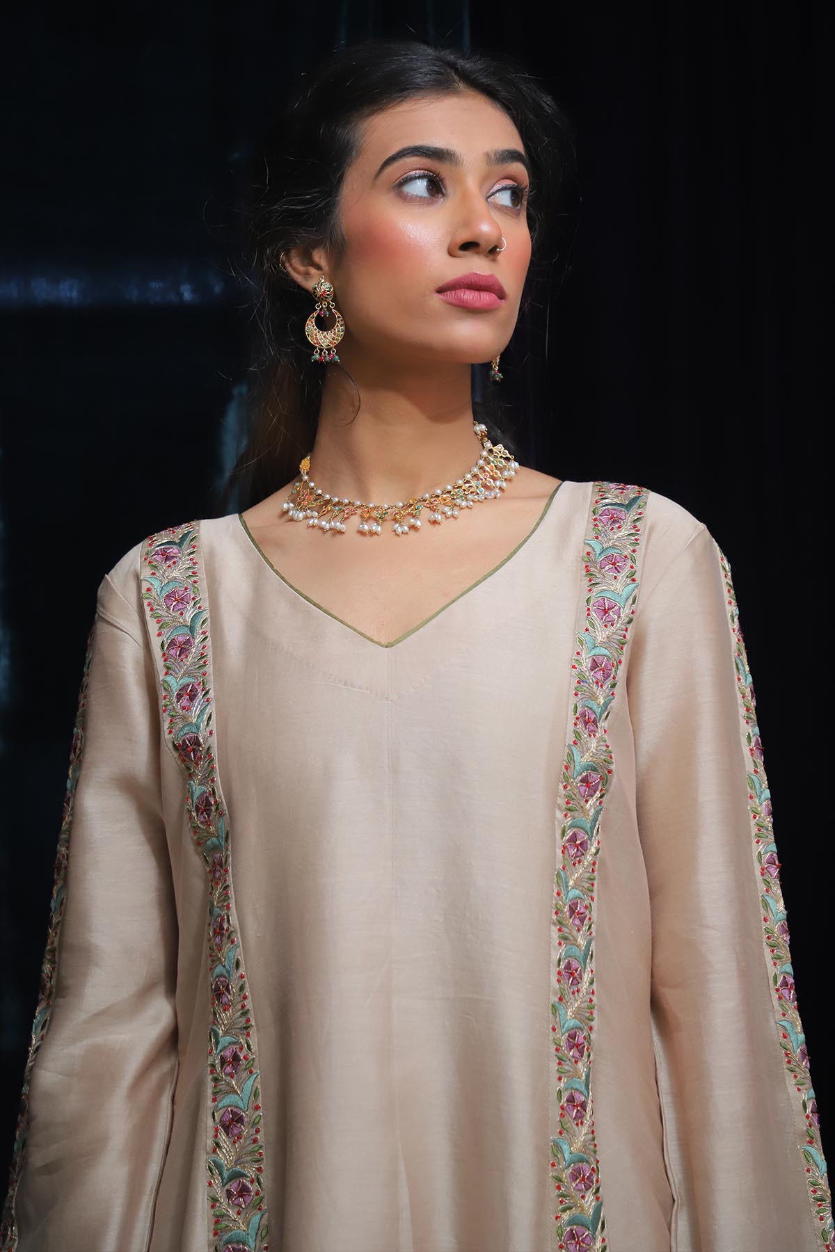 Brown Floral Thread Kurta Set