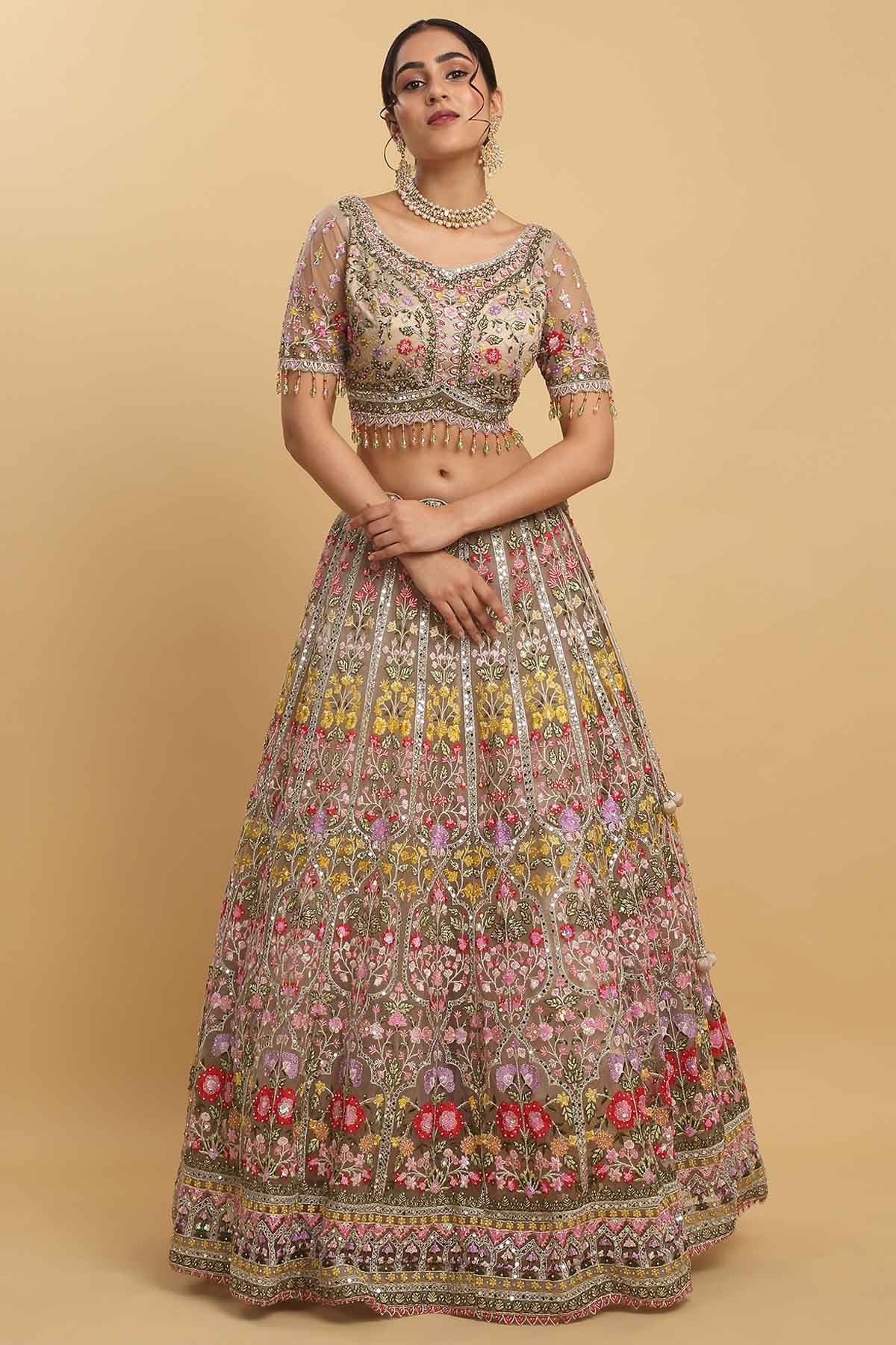 Brown Floral Thread Lehenga Set