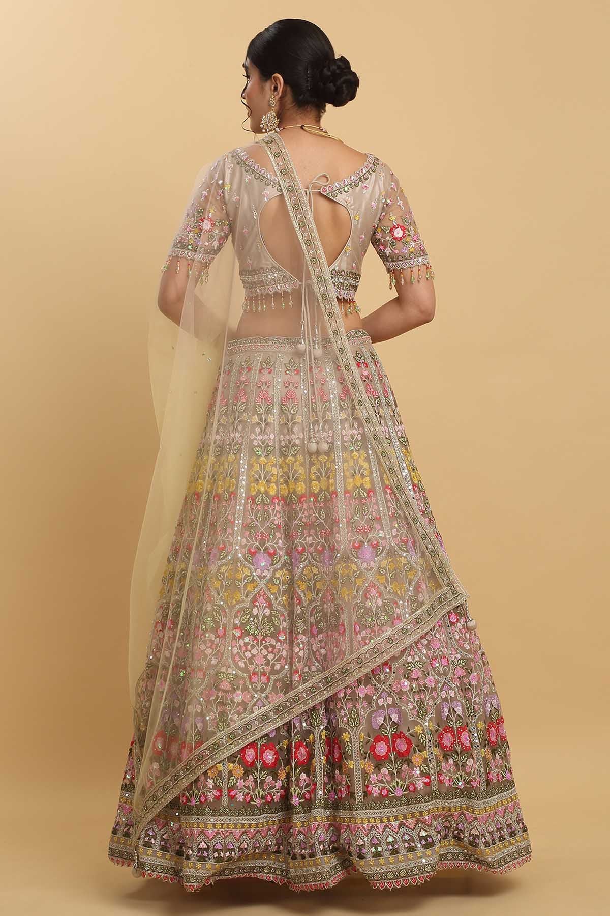 Brown Floral Thread Lehenga Set