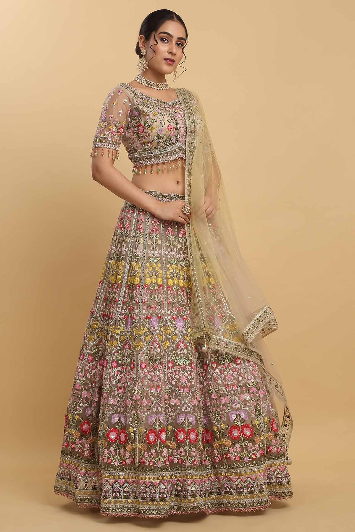 Brown Floral Thread Lehenga Set