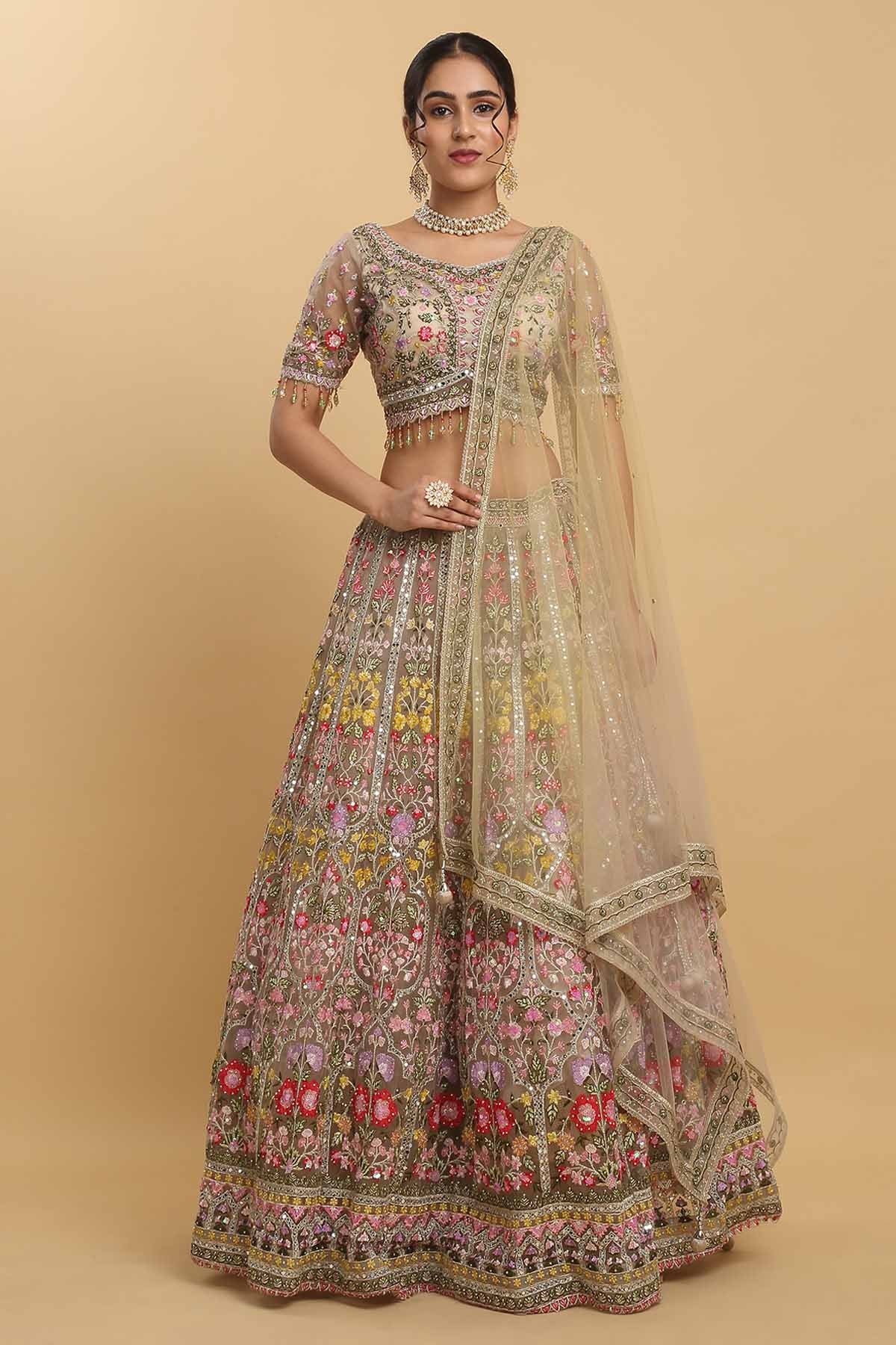 Aham Vayam Brown Floral Thread Lehenga Set for women online at ScrollnShops