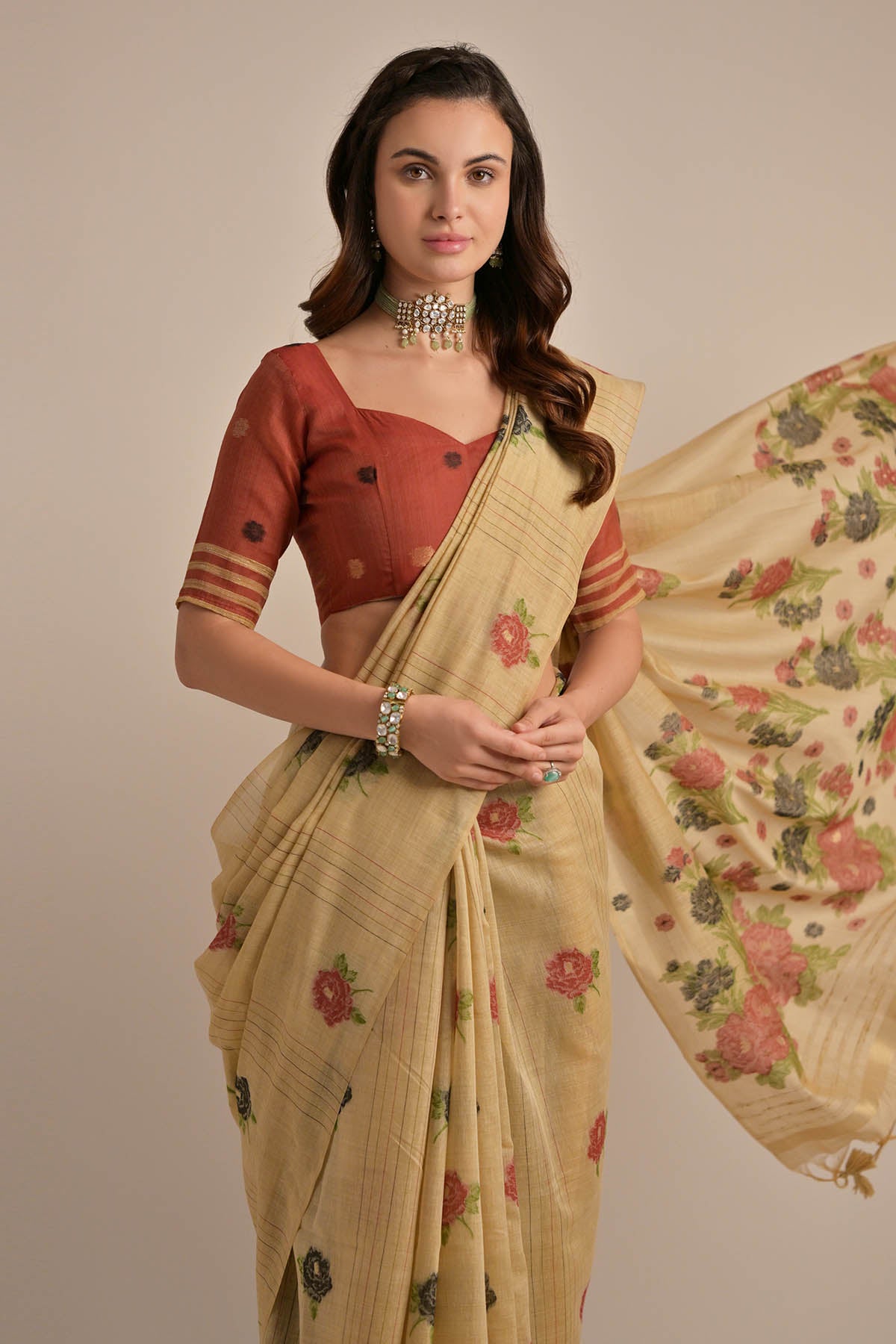 Brown Floral Thread Work Saree