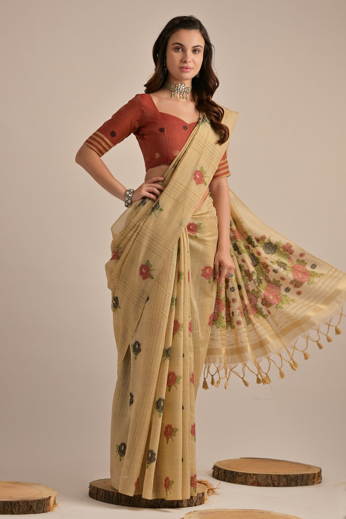 Brown Floral Thread Work Saree
