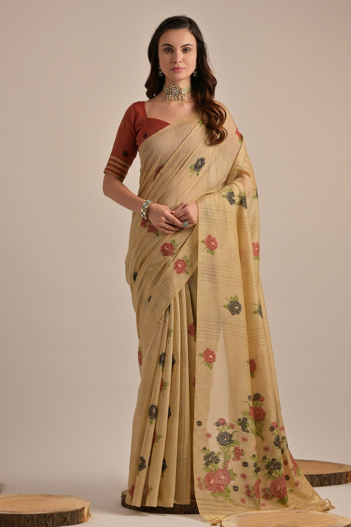 Buy Brown Floral Thread Work Saree by Lili Lala for women online at ScrollnShops