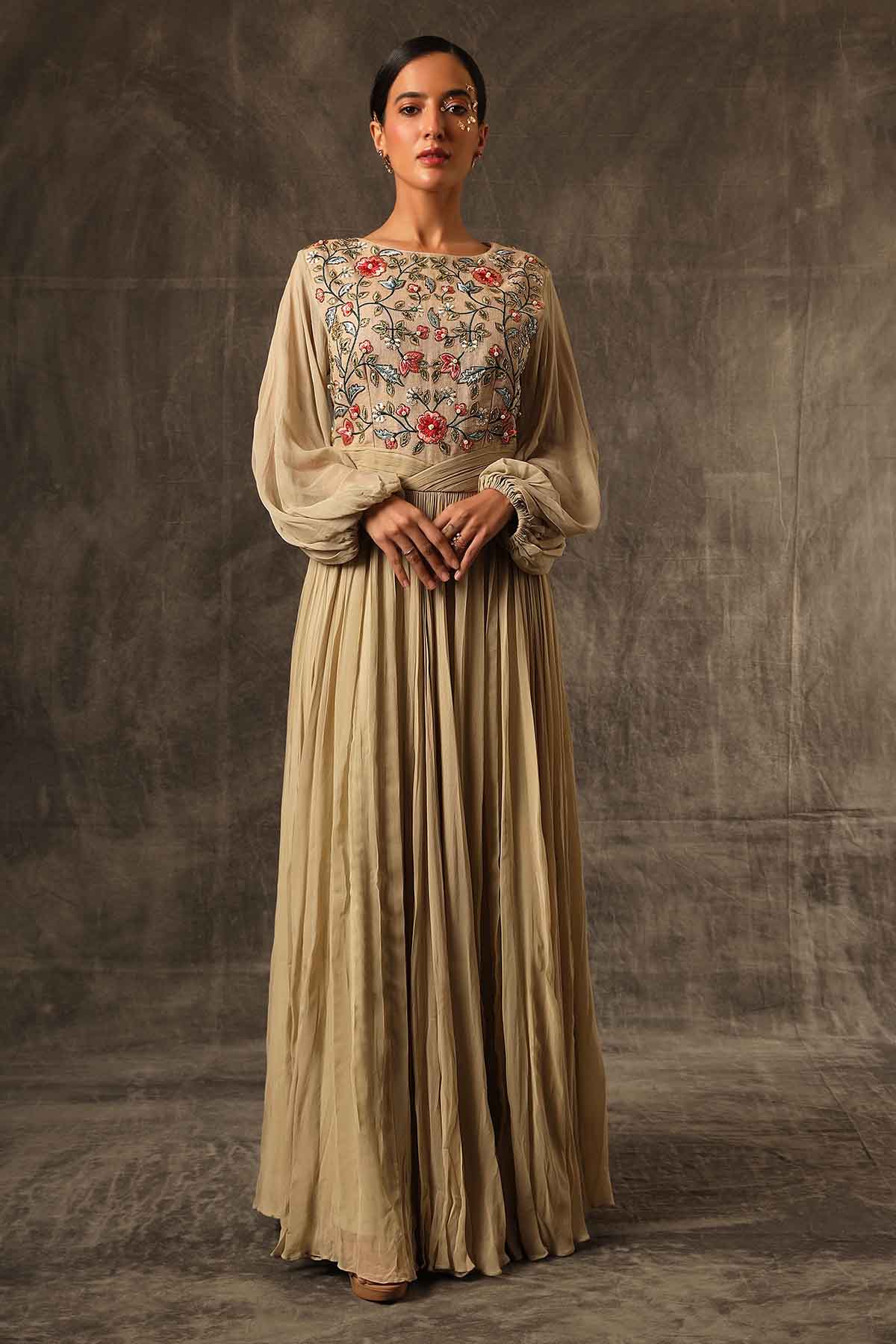 Brown Georgette Gathered Dress