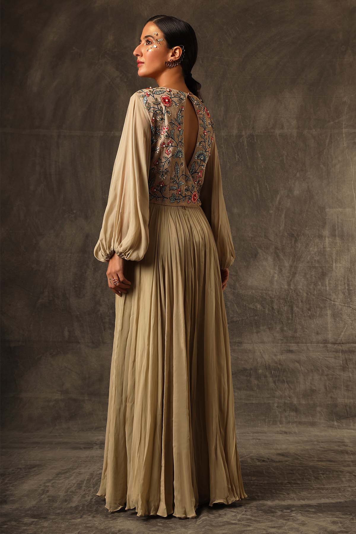 Brown Georgette Gathered Dress
