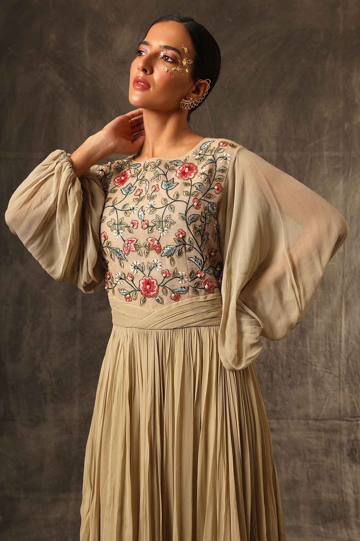 Brown Georgette Gathered Dress