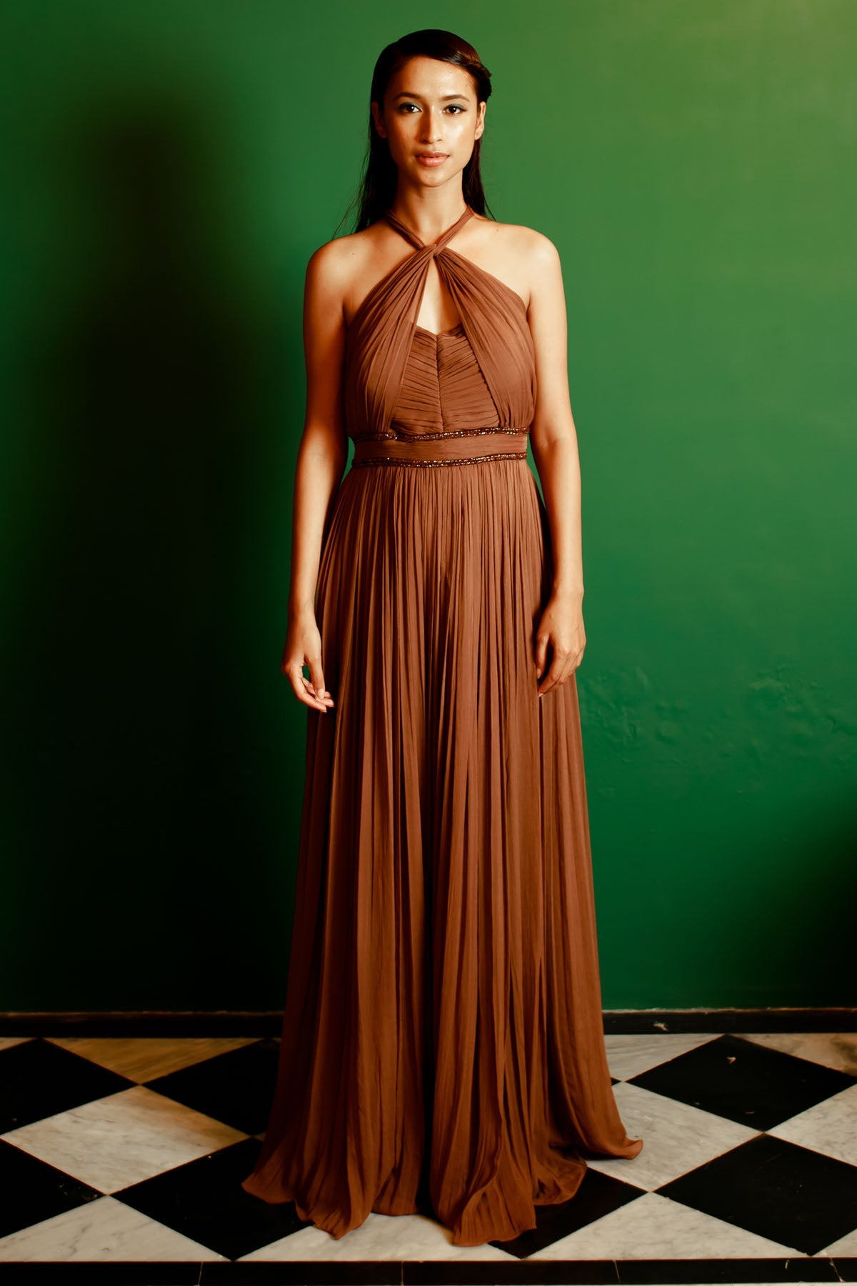 Pavone Brown Georgette Gathered Gown for women online at ScrollnShops