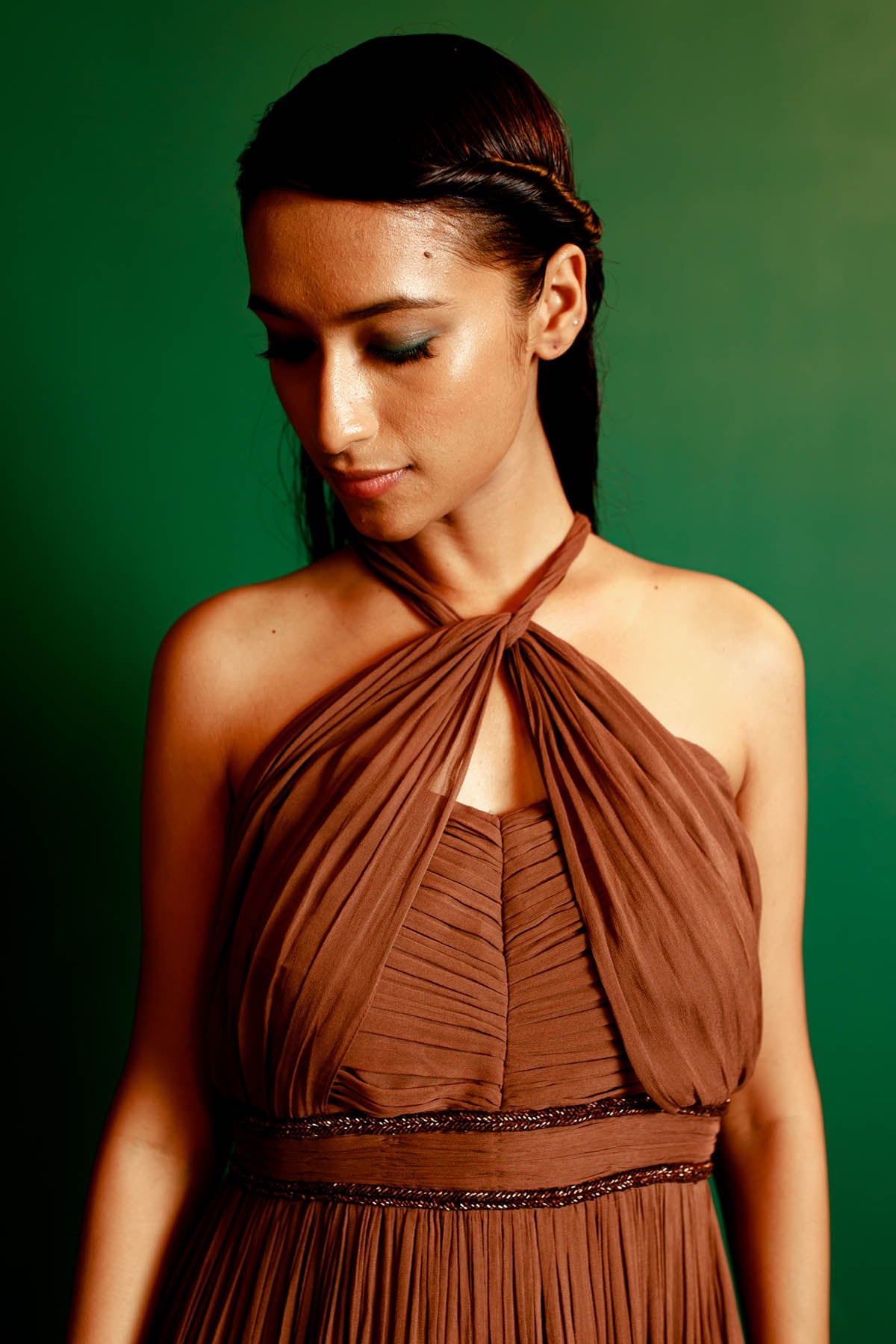 Brown Georgette Gathered Gown