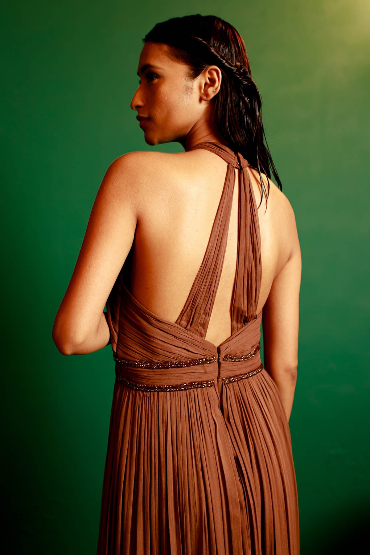 Brown Georgette Gathered Gown