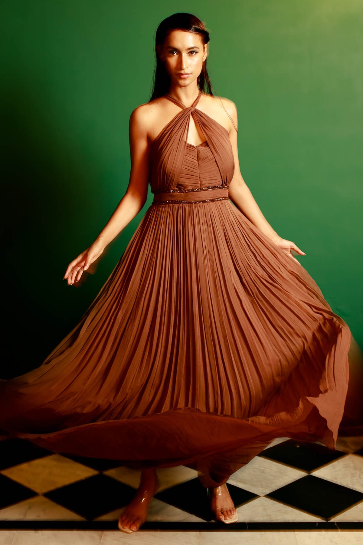 Brown Georgette Gathered Gown