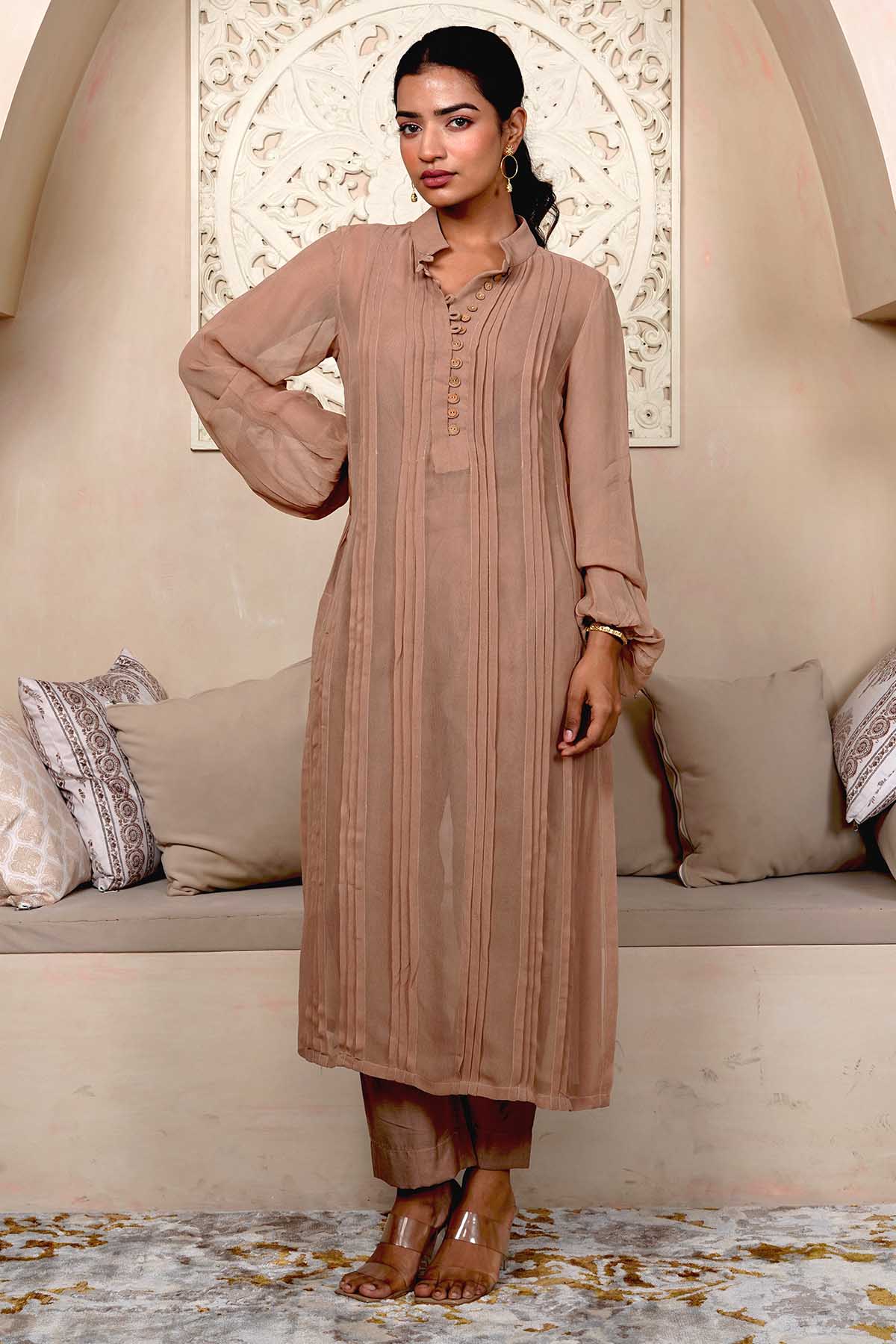 Imrie Brown Georgette Kurta & Pants for women online at ScrollnShops