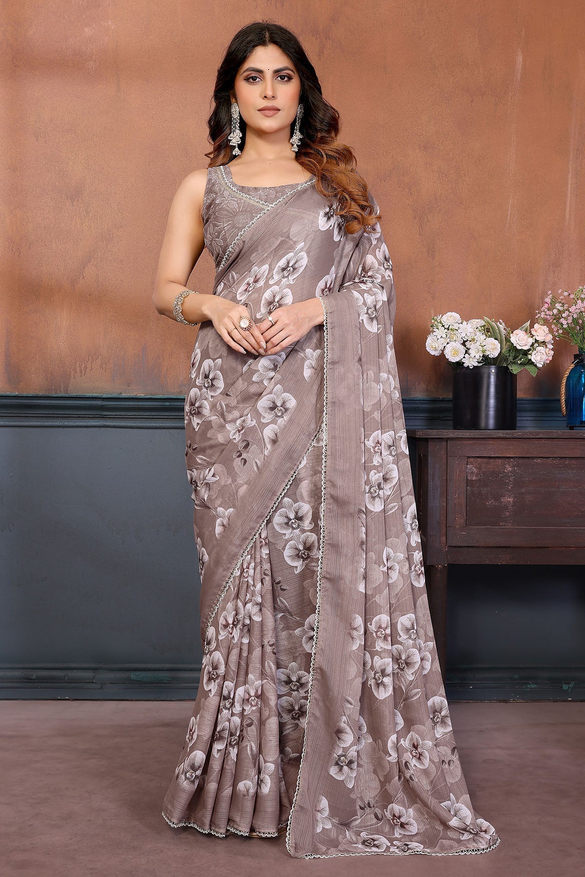 Buy Brown Georgette Sharmili Saree for women by Aastha Fashion online available at scrollnshops