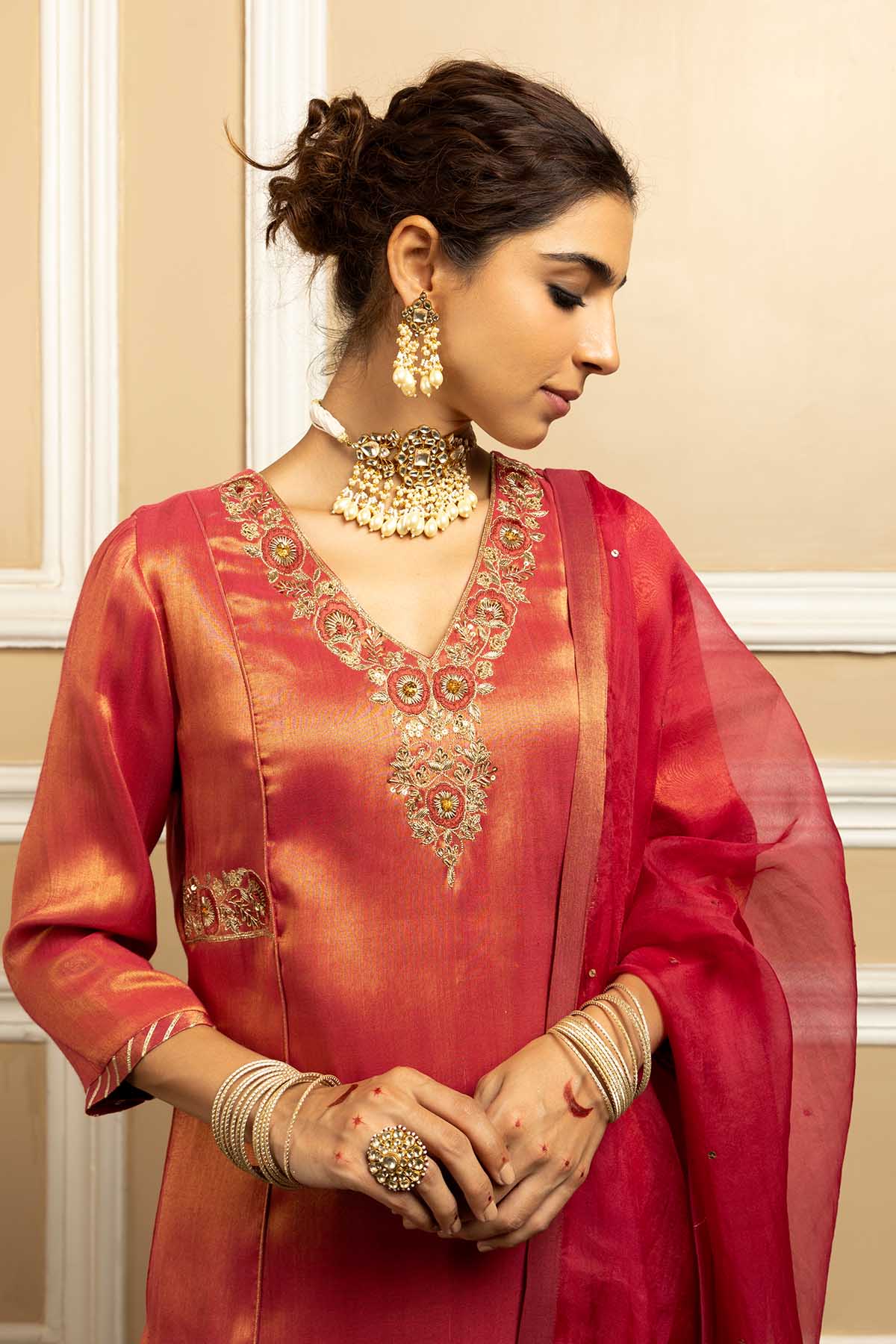 Brown Gota Embellished Kurta Set