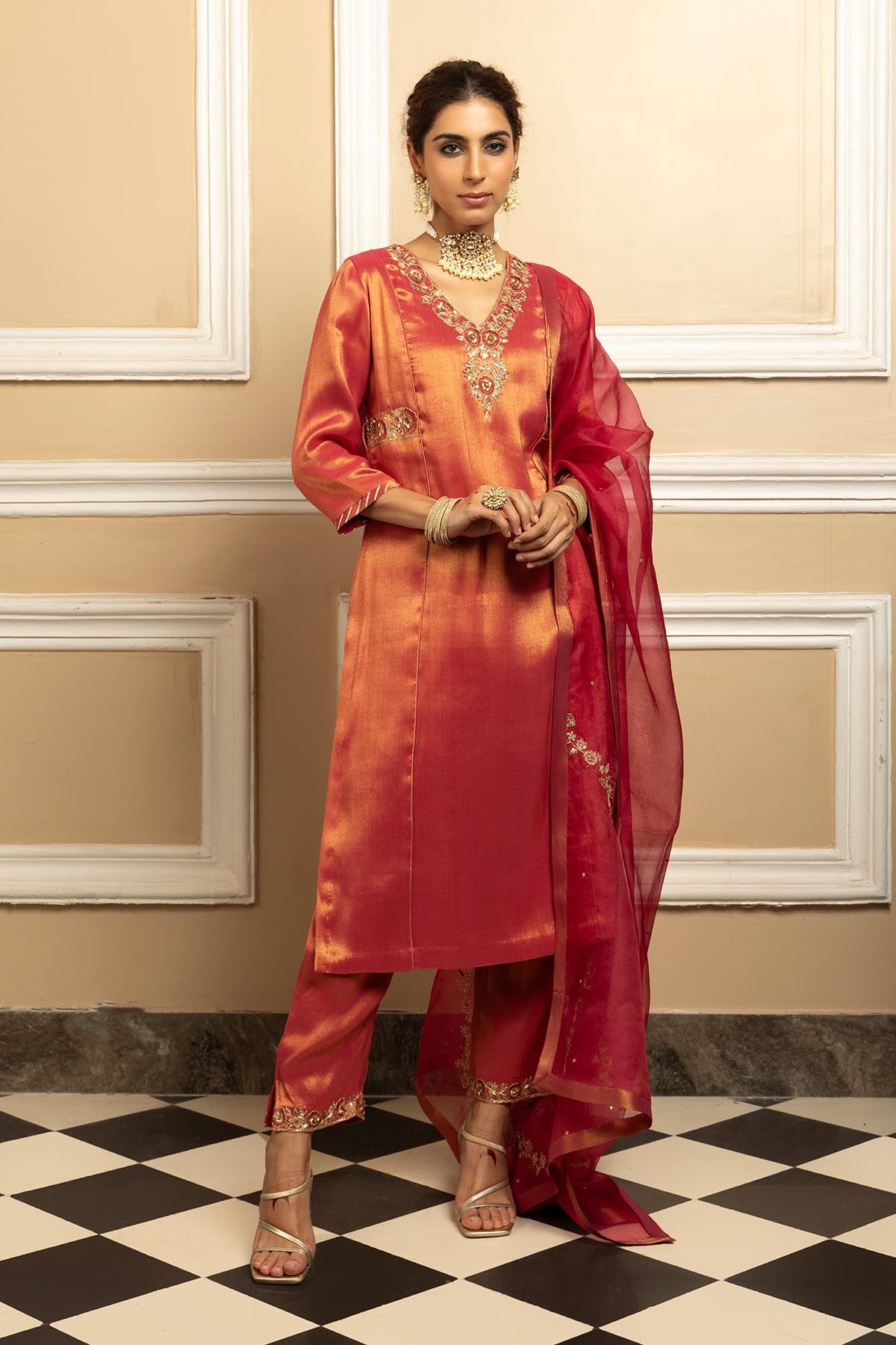 Brown Gota Embellished Kurta Set