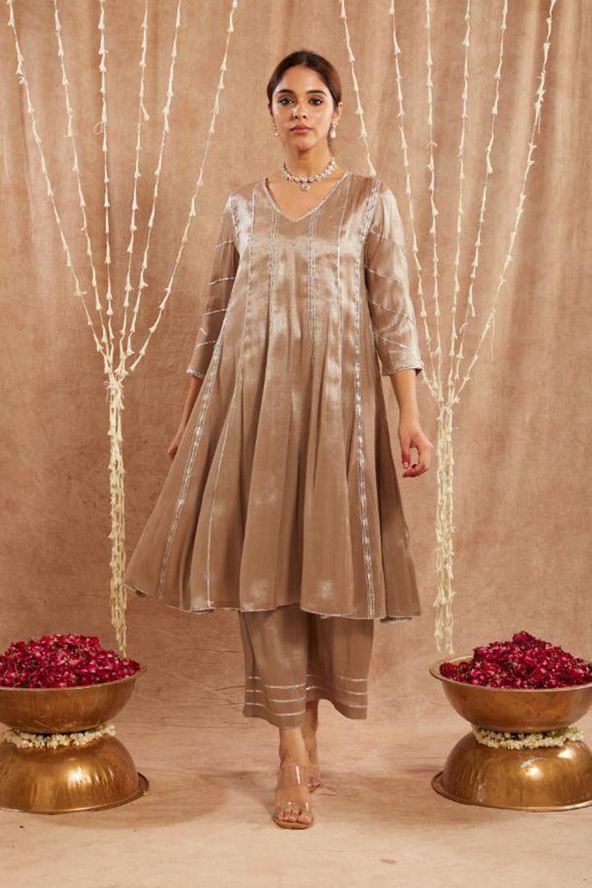 Buy Brown Gota Tissue Anarkali Set by Nero for women online at ScrollnShops