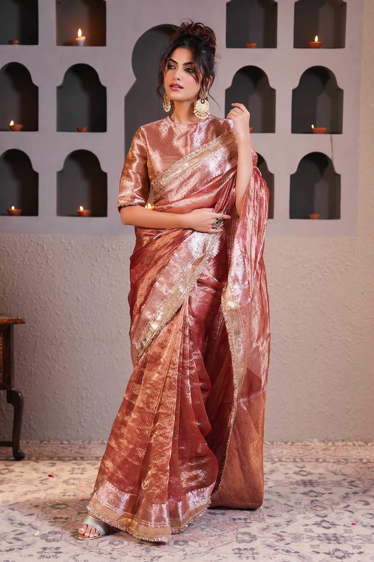 Buy Brown Gota Work Saree & Blouse by Ugna by Unnati for women online at ScrollnShops