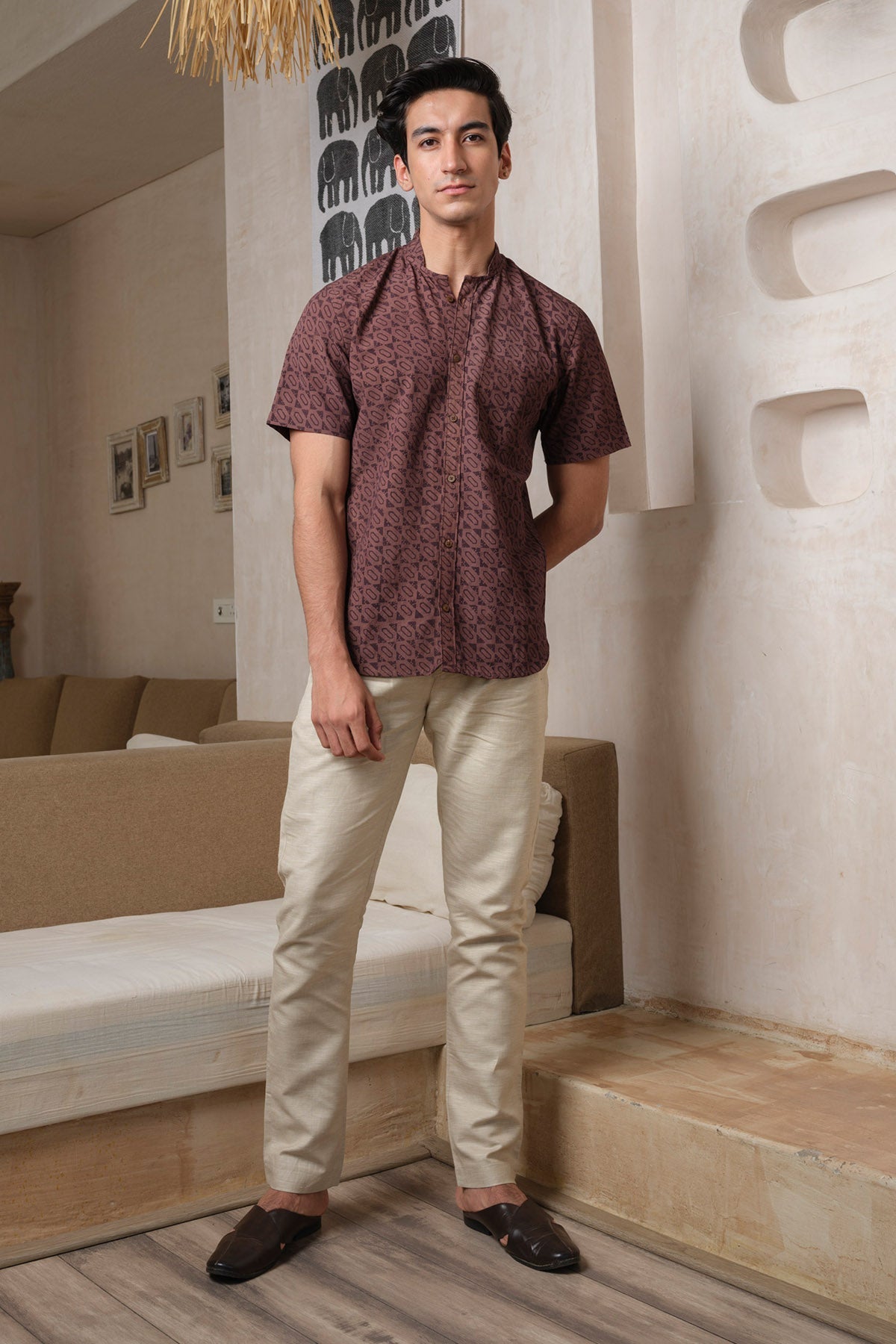 Buy Brown Handblock Printed Shirt by Vasudhaa Vastrram for men online at ScrollnShops