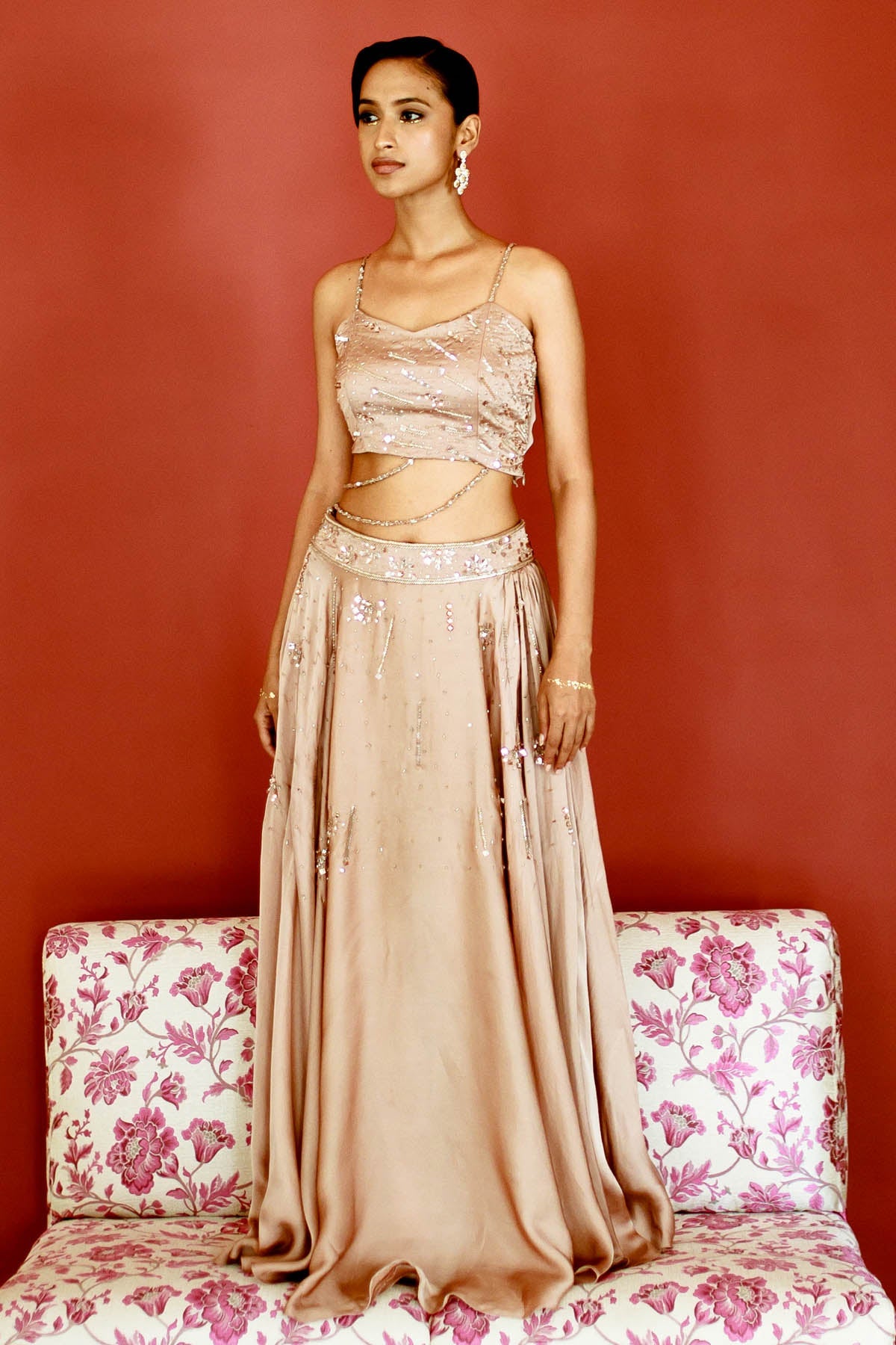 Pavone Brown Handwork Slit Lehenga Set for women online at ScrollnShops