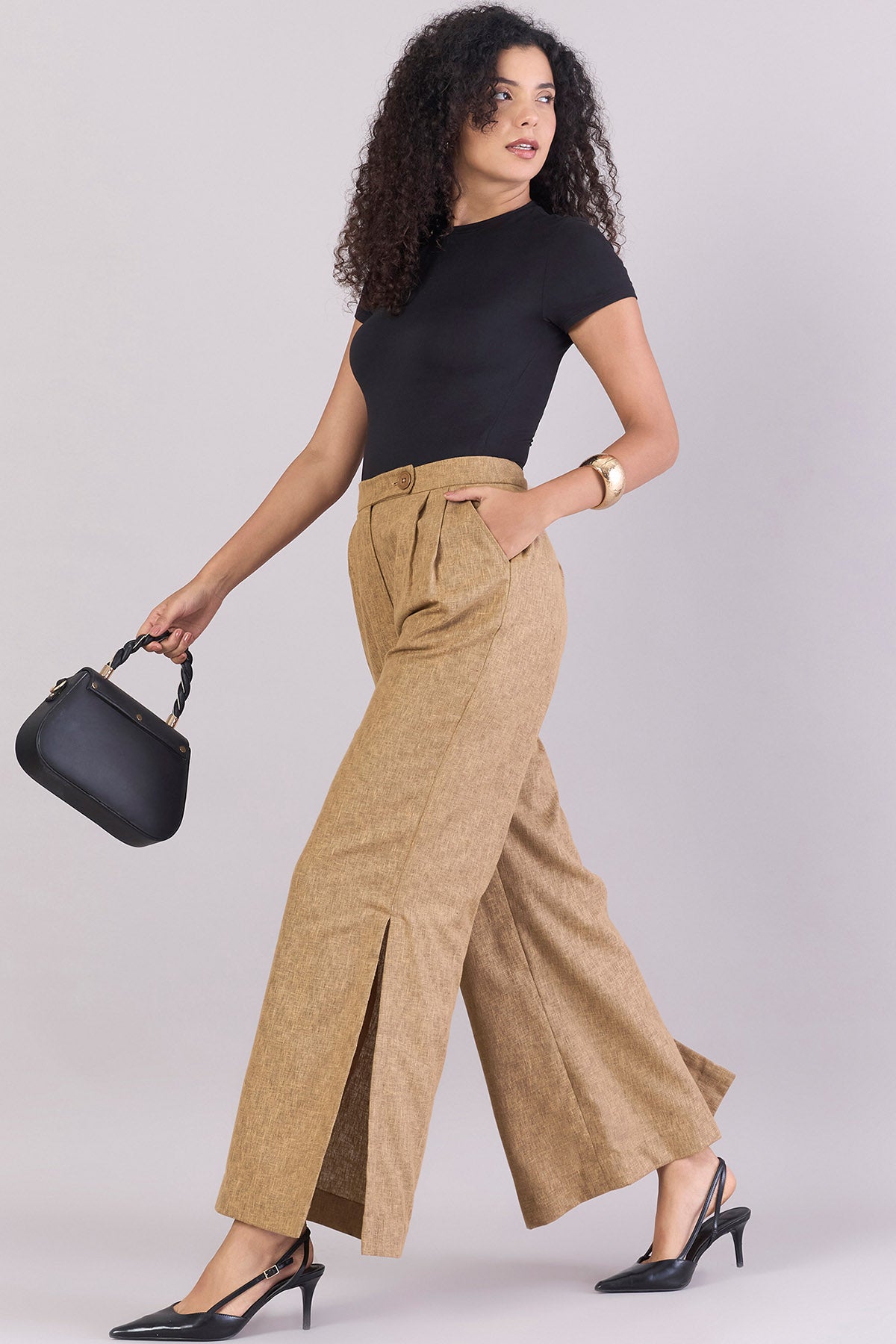 Brown High-Waist Pleated Pants