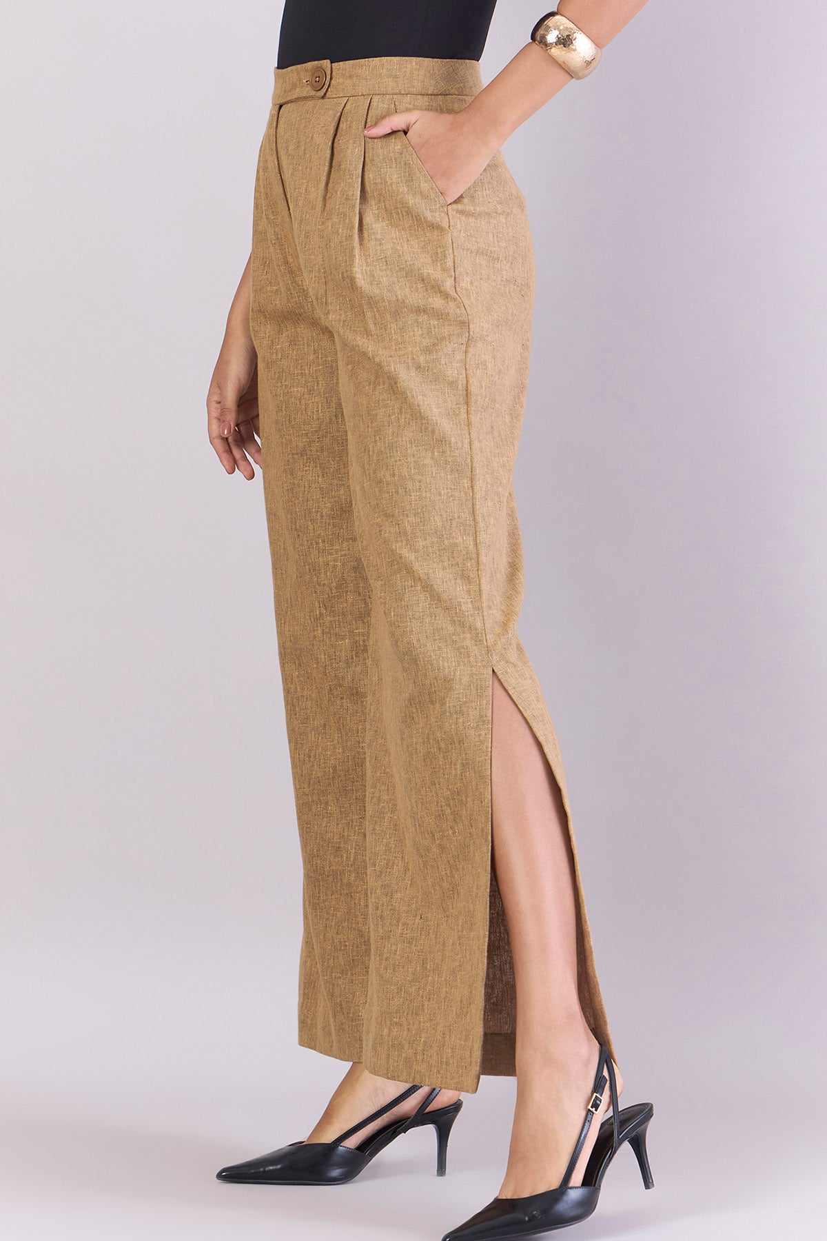 Brown High-Waist Pleated Pants