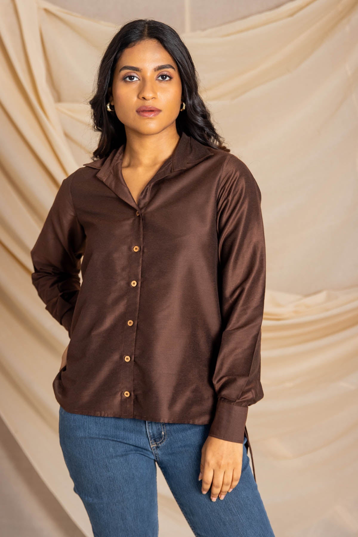 Buy Label J Brown High Low Buttoned Shirt at ScrollnShops