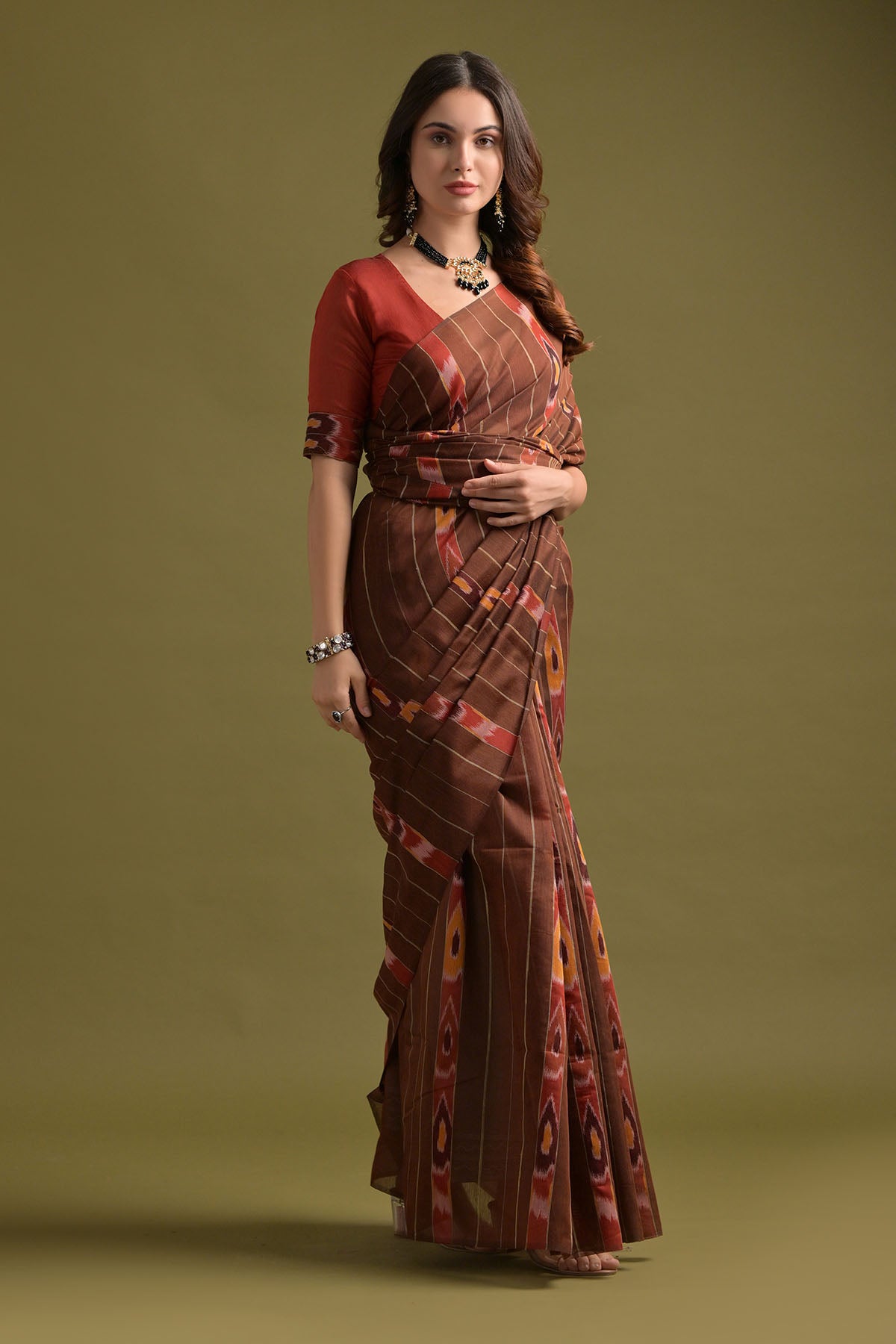 Brown Ikkat Cotton Printed Saree