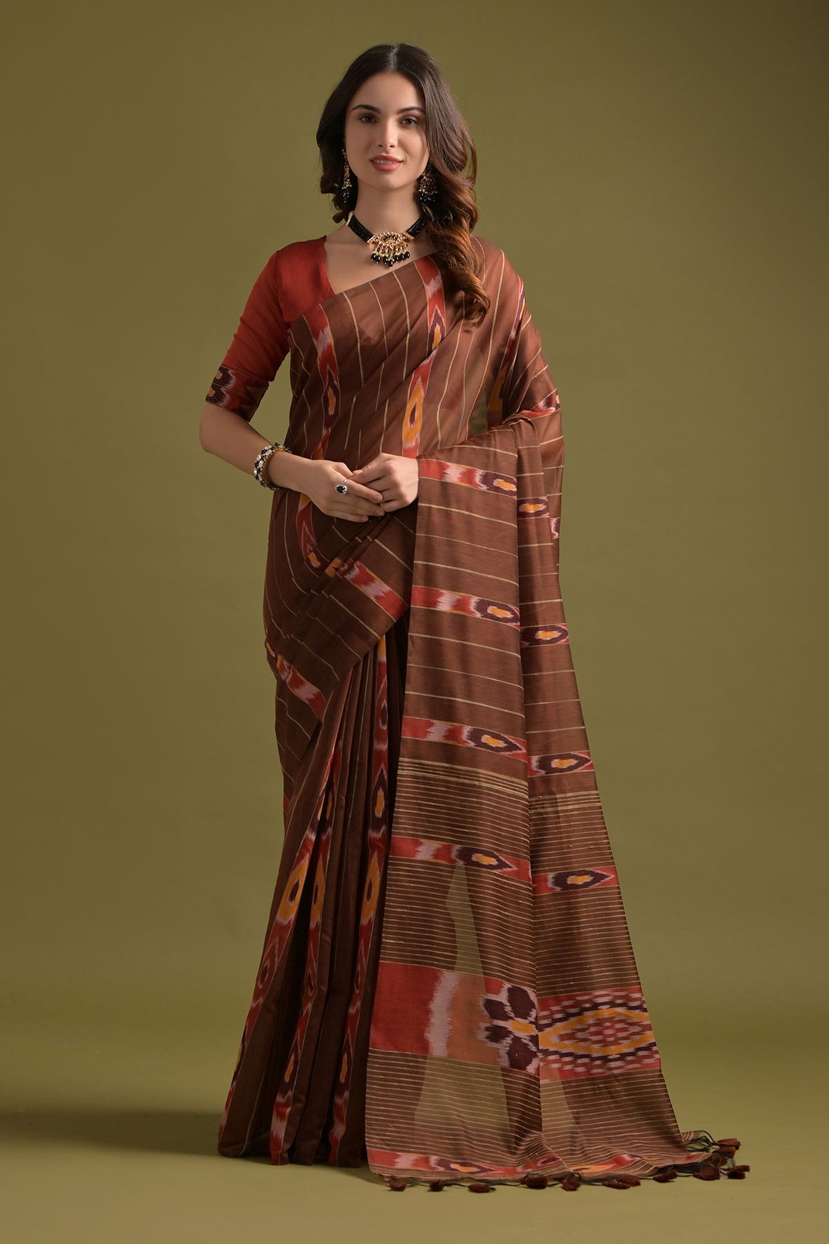 Buy Brown Ikkat Cotton Printed Saree by Lili Lala for women online at ScrollnShops