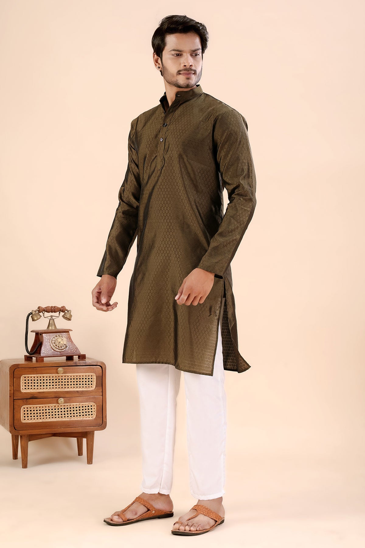 Brown Jhimi Silk Collar Kurta