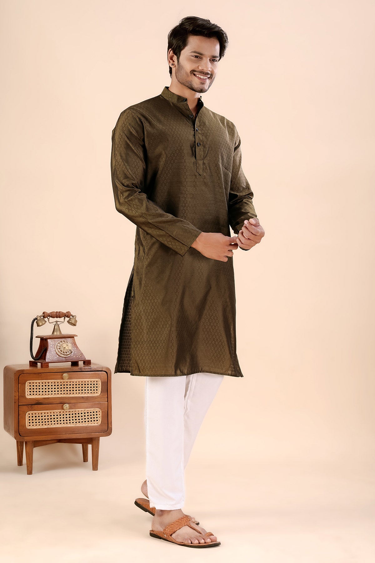 Brown Jhimi Silk Collar Kurta