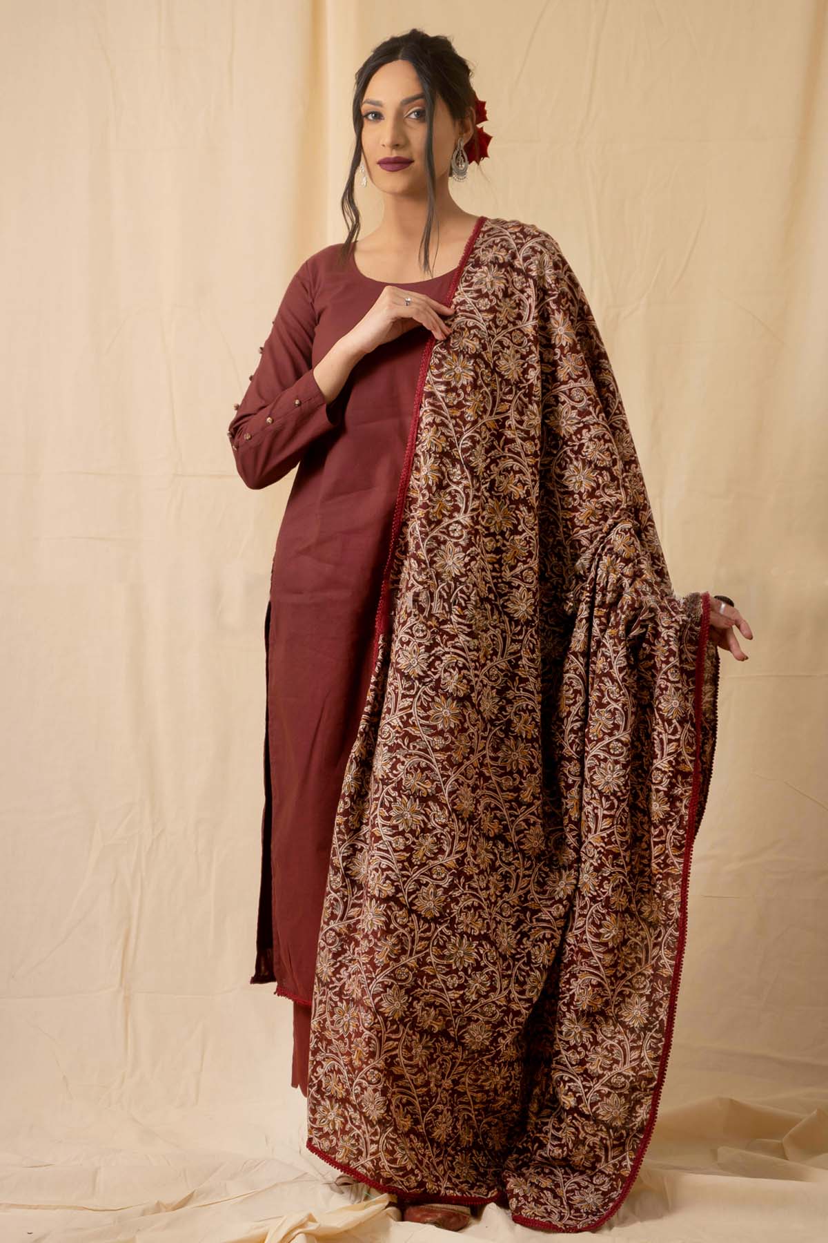 Charu Bhaskar Brown Kalamkari Print Kurta Set for women online at ScrollnShops