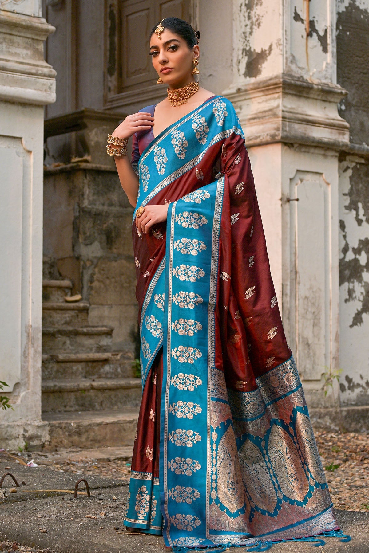 Buy Brown Kanchi Silk Zari Saree by Lili Lala for women online at ScrollnShops