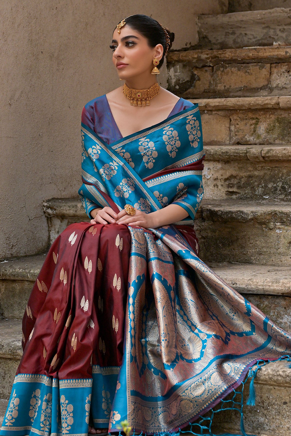 Brown Kanchi Silk Zari Saree