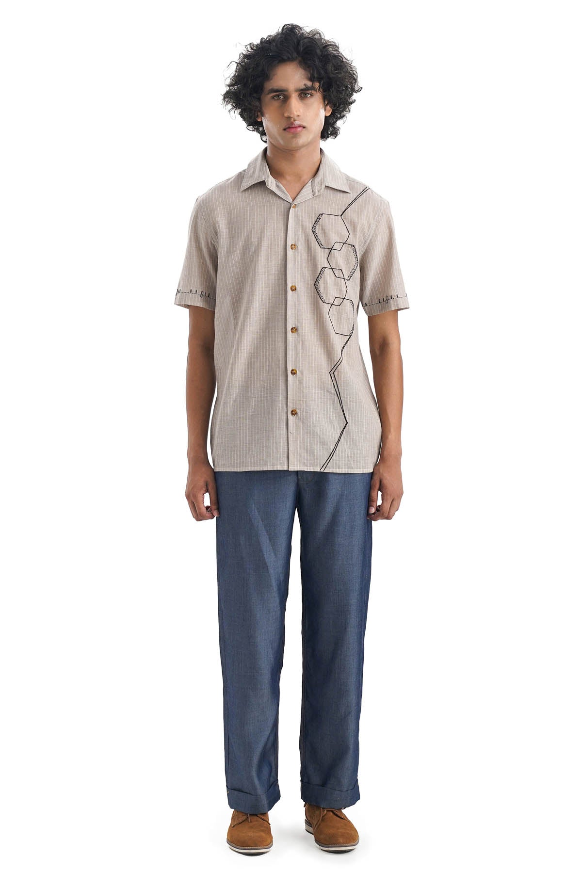 Brown Kantha Embroidered Shirt